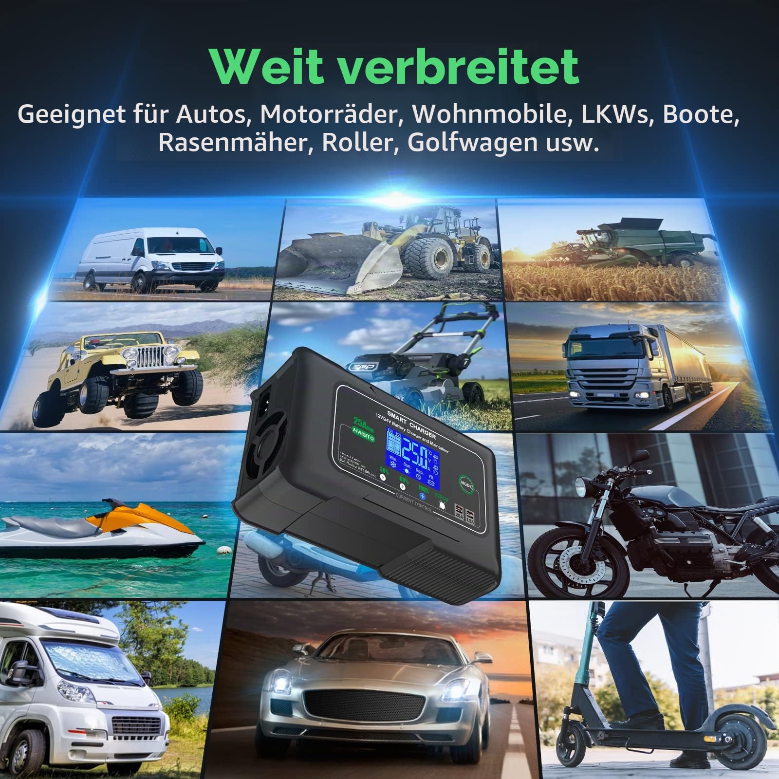 Haisito Ladegerät Autobatterie 12V/24V 25A, Intelligentes Schnell KFZ Batterieladegerät LiFePO4 , Erhaltungsladegerät für Auto Motorrad Lithium Bleisäure Batterien(AGM, Gel, EFB, MF, VRLA)