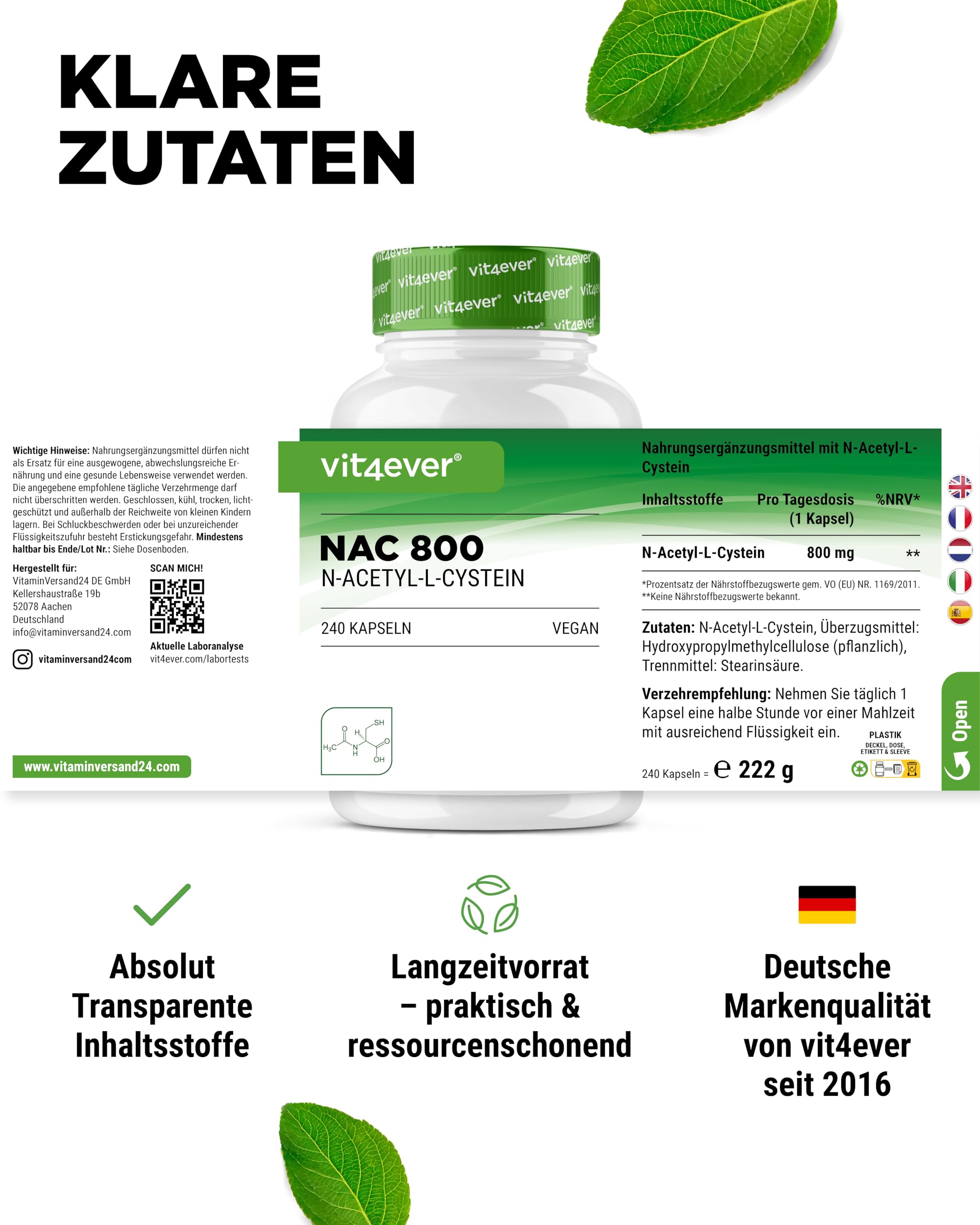 vit4ever NAC - N-Acetyl L-Cystein - 240 Kapseln je 800 mg | 800 mg pro Kapsel, 8 Monatsvorrat, natürliche & pflanzliche Form, Premium Qualität mit über 99% Reinheit, Hochdosiert, Vegan