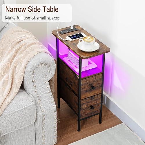 Miniatura 4 de HETNDP02LPBR-1 - Mesa auxiliar estrecha con cajones de tela, mesita de noche LED delgada para dormitorio, espacios pequeños, sofá, marrón rústico,