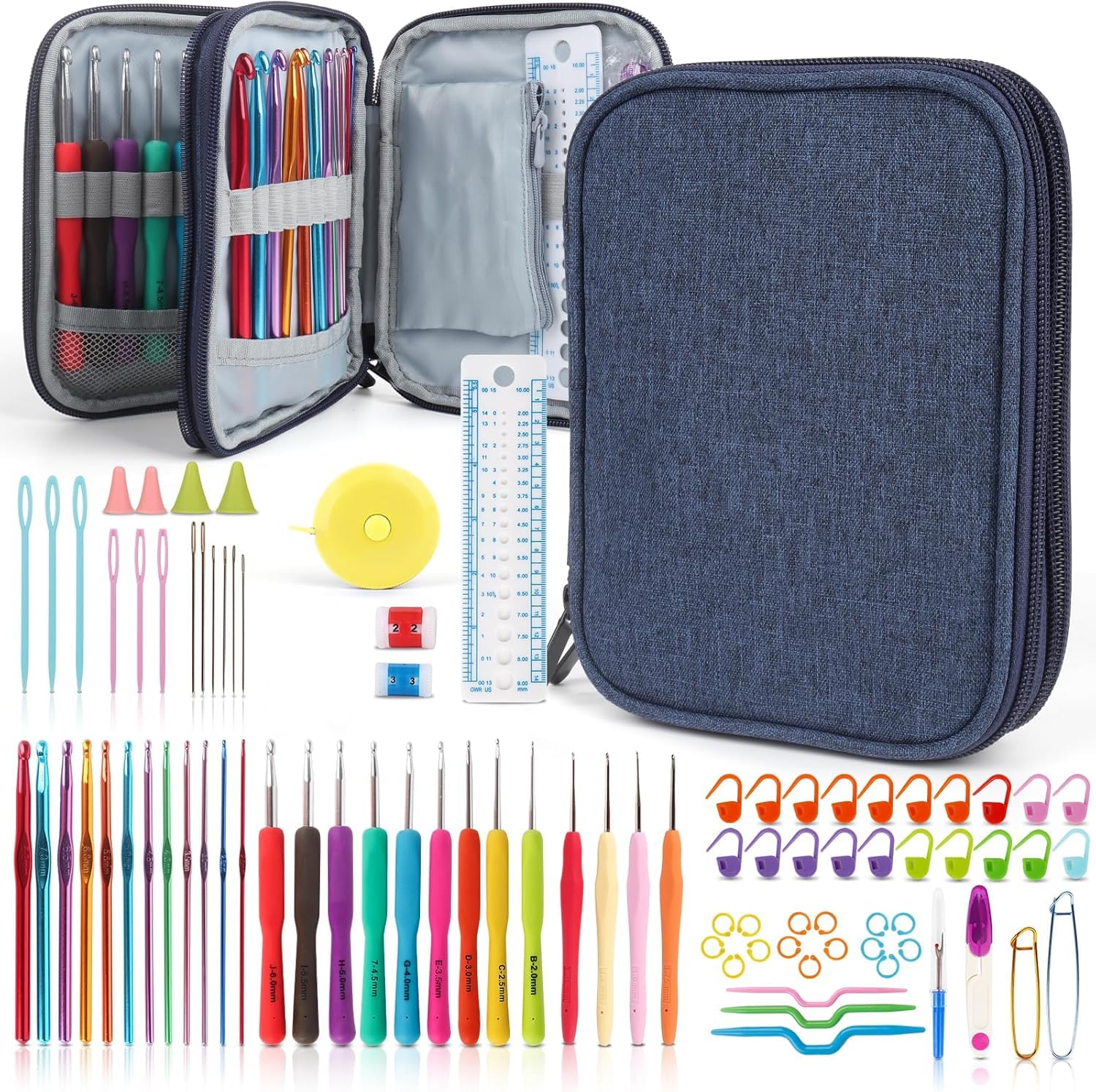 KOKNIT Kit Uncinetto Completo - 9 Ferri Ergonomici In Gomma + 12 In Alluminio - 38 Accessori In Custodia - 3