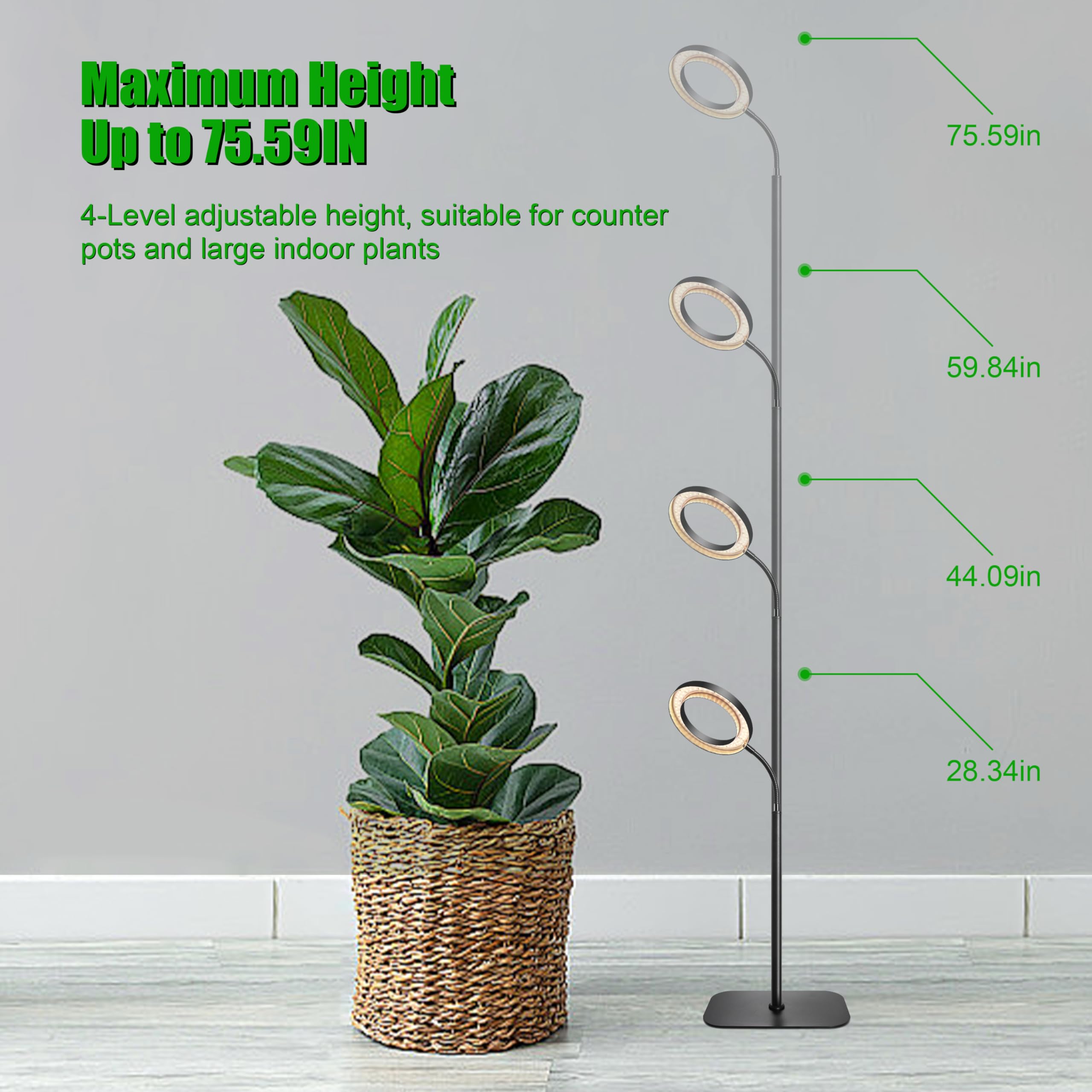Hywyimlait 96 LED 3000 K Planta de espectro completo con soporte, luz de crecimiento con temporizador automático 3/9/12H, manguera flexible de 360°, altura regulable de 40 a 160 cm para plantas de