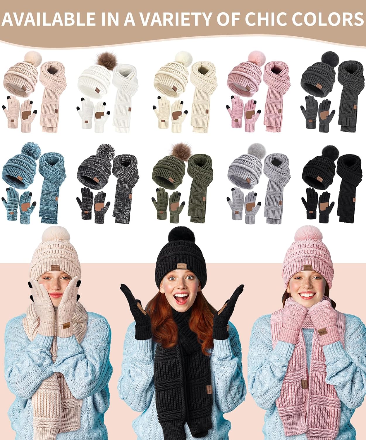 Remifa Winter Beanie Hat Scarf Gloves Set for Women, Slouchy Pom Pom Hat Long Knit Scarf Touchscreen Gloves Christmas Gifts - Image 5