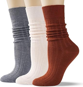 Merino Wool Light Weight Boot Socks for Women, Cozy Thermal Crew Calf Slouch Socks for Winter 3 Pairs