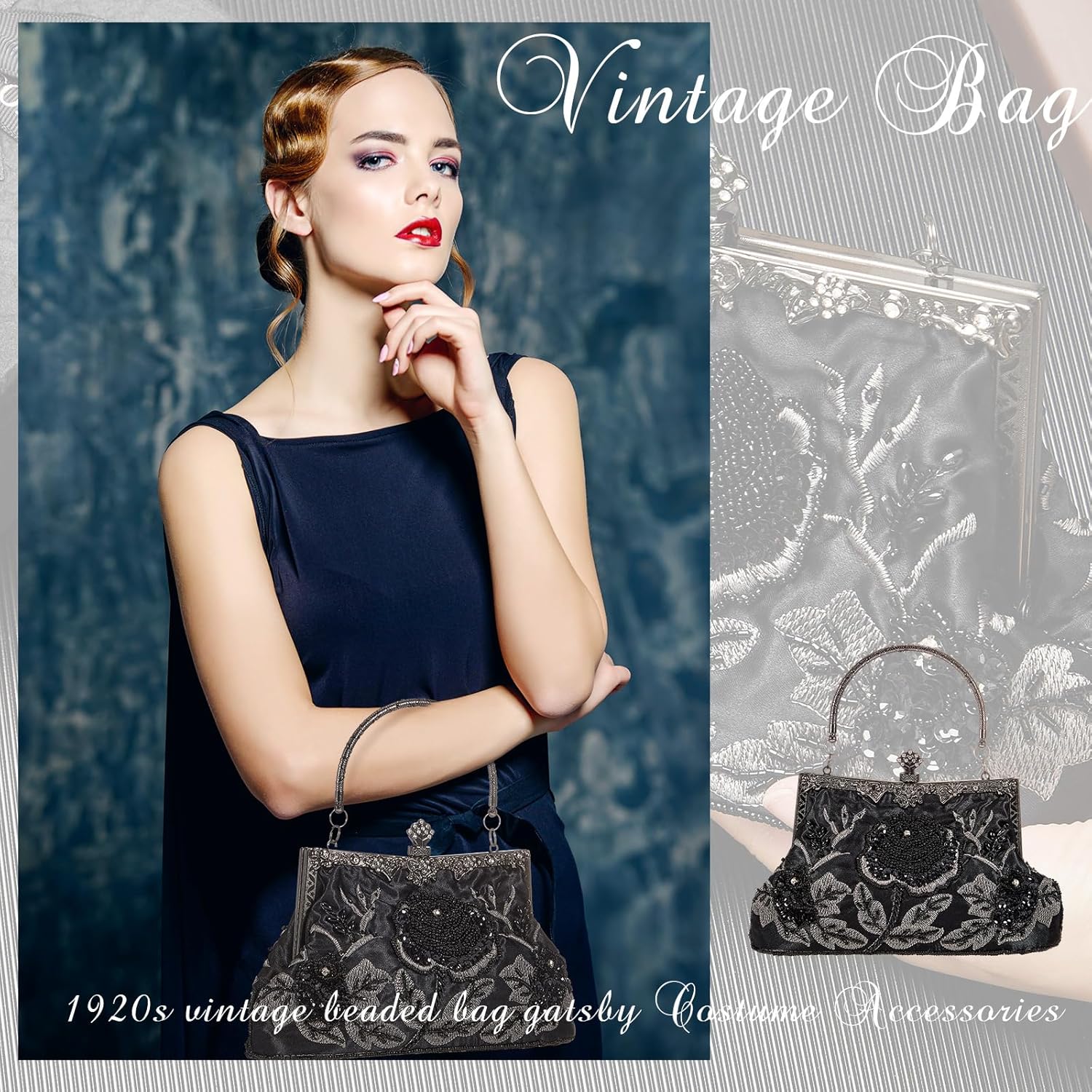 Women's Beaded Clutch 8.6 x 5.2 x 2.8 Inch Vintage Embroidery Evening Bag Sequin Rhinestone Clutch Purse Floral Crossbody Bag - Image 7