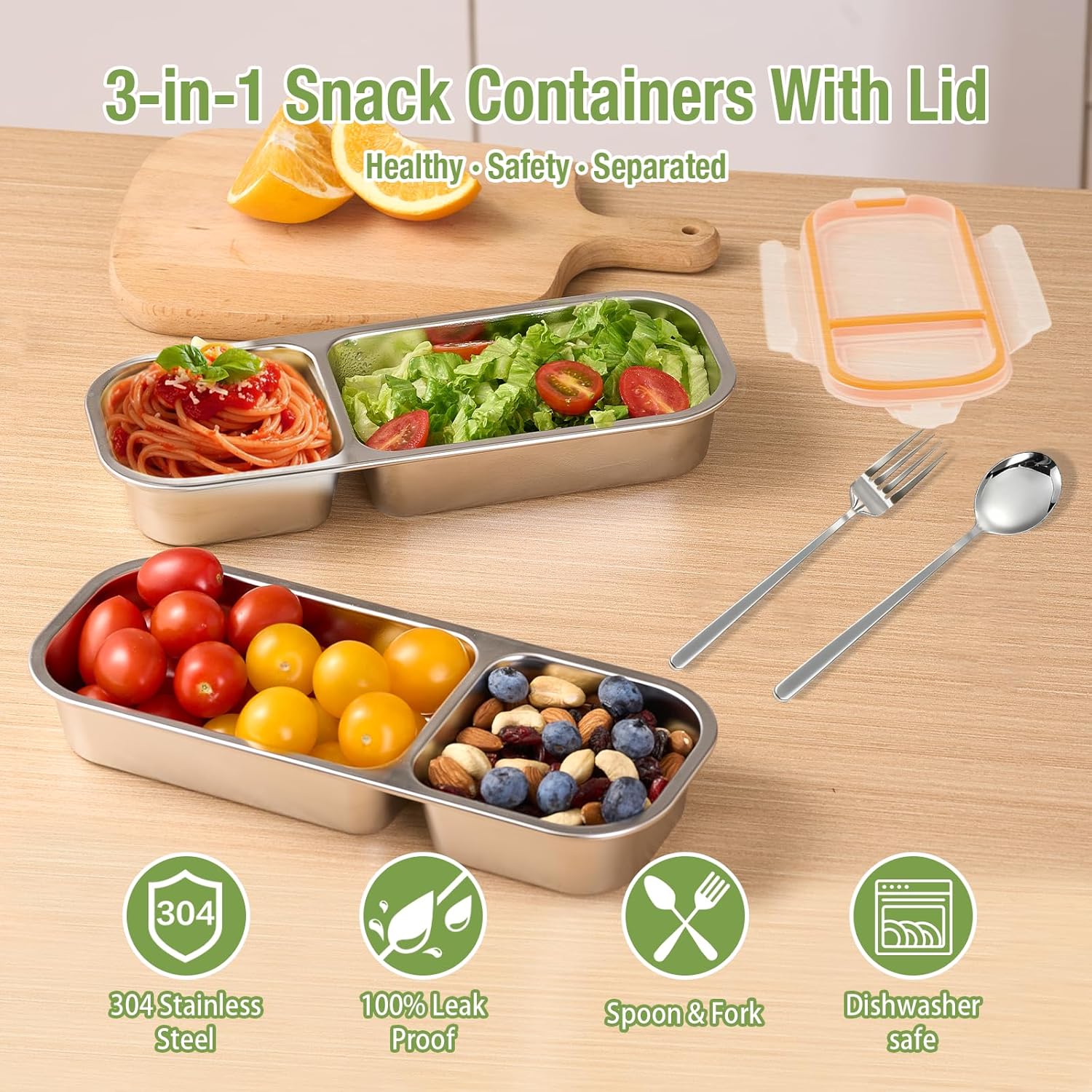 2 Pack Stainless Steel Snack Containers with Fork & Spoon, 2 Compartment Metal Bento Lunch Box with Leakproof Lids, Reusable Snack Bento Prep Containers for Daycare, School, Office, Travel - Image 6