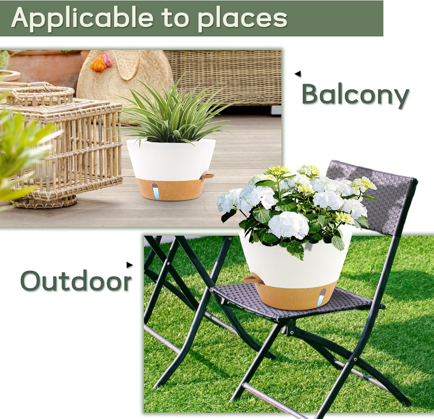 12-Inch Self Watering Planters with Drainage Holes, Large Flower Pots for Indoor Outdoor Plants, Garden Pots White 2 Pack