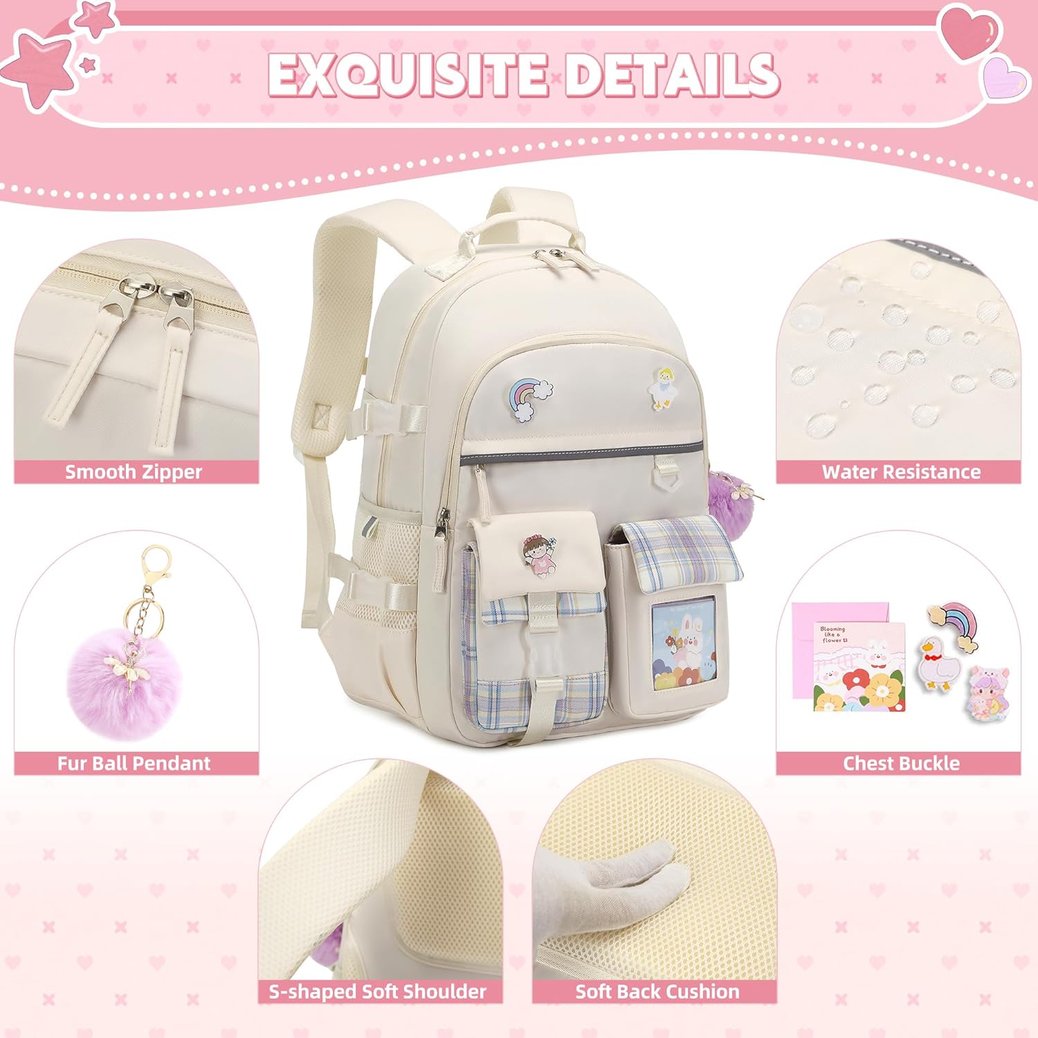 Backpack for Girls 15.6 Inch Laptop School Bag Kids Elementary College 3pcs Backpacks Lunch box Pencil Case Set Bookbags for Girls Teen Women Student Beige - Image 5