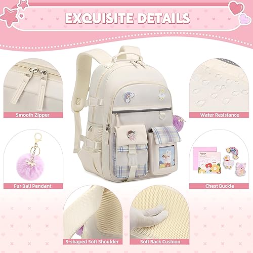 Miniatura 5 de Mochila para niñas de 15.6 pulgadas para computadora portátil, mochila escolar para niños, 3 piezas, mochilas, caja de almuerzo, estuche para