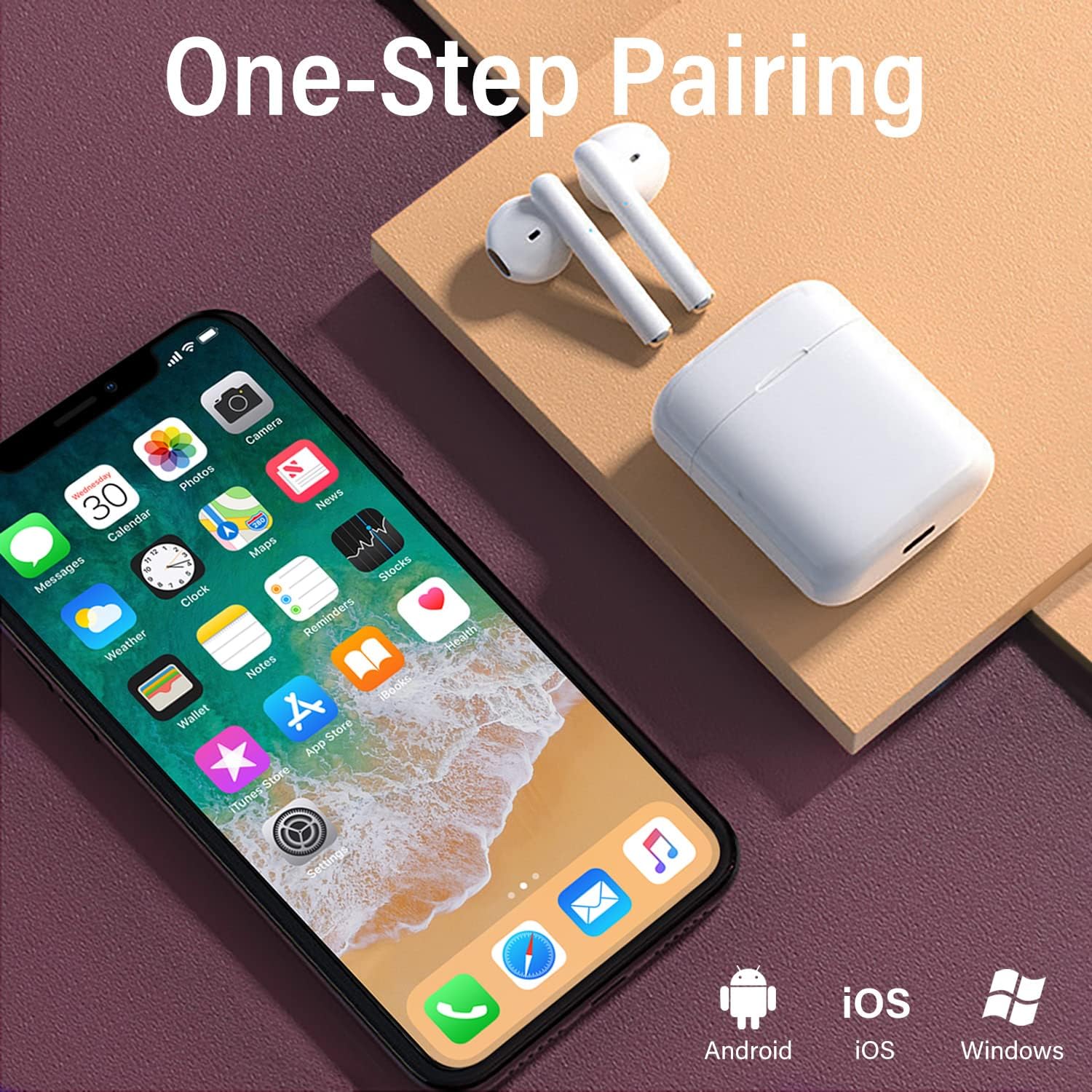Wireless Earbuds, Bluetooth Earbuds IPX7 Waterproof Wireless Bluetooth with Microphone Charging Case 30H Playtime,Pop-ups Auto Pairing Hi-Fi Stereo Sound Headset for iPhone/Samsung/iOS/Android