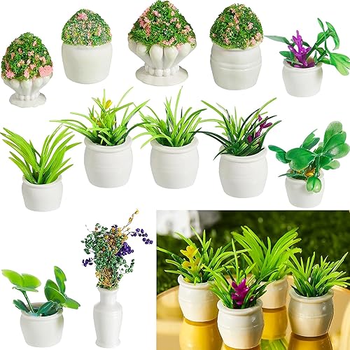 Chuangdi 12 Pieces Miniature Dollhouse Plant Flowers Mini Potted Plant Artificial Tiny Greenery Ornament Miniature Hanging Potted Faux Flower Model Dollhouse Decoration, 6 Types
