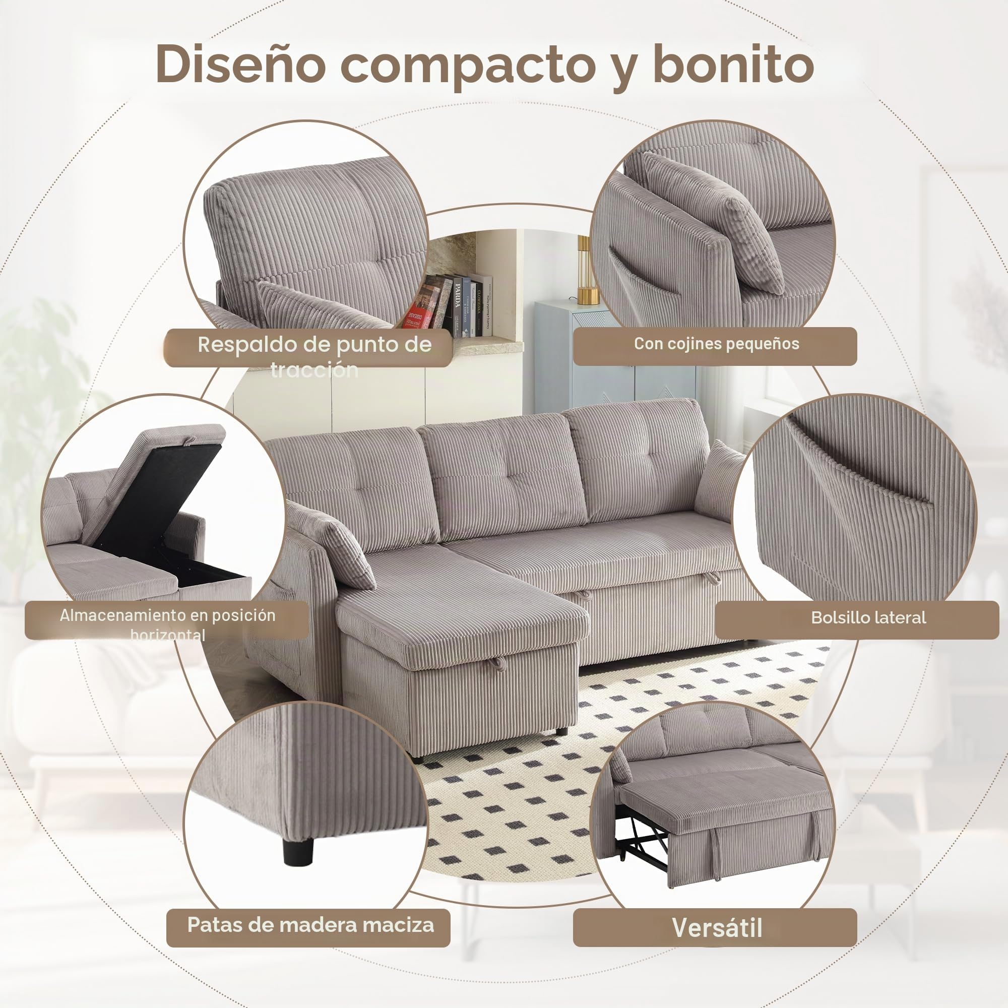 Sofá Cama Multifuncional Con Chaise Longue Intercambiable - Extensible, Asiento de Almacenamiento, Forma de L, Esquinero Para Sala de Estar (Gris)