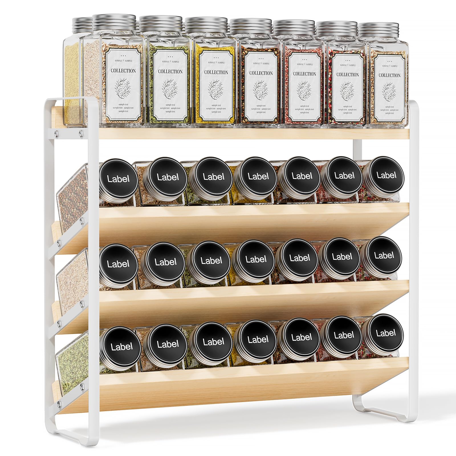MUDEELA 4 Tier Spice Rack Organiser for Cabinet,Wooden Vertical Spice Shelf, Seasoning Organizer for Countertop, Kitchen Cupboard, Pantry, Freestanding, 13.4" W × 11.2" H (No Jars Included), White