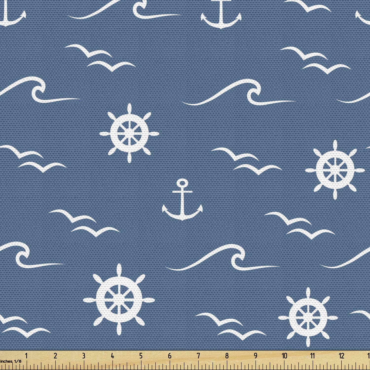 Ambesonne Nautical Blue Fabric by The Yard, Monochromatic Art of Marine Wheel Anchor and Waves Repetition Print, Decorative Fabric for Upholstery and Home Accents, 3 Yards, Cream Blue