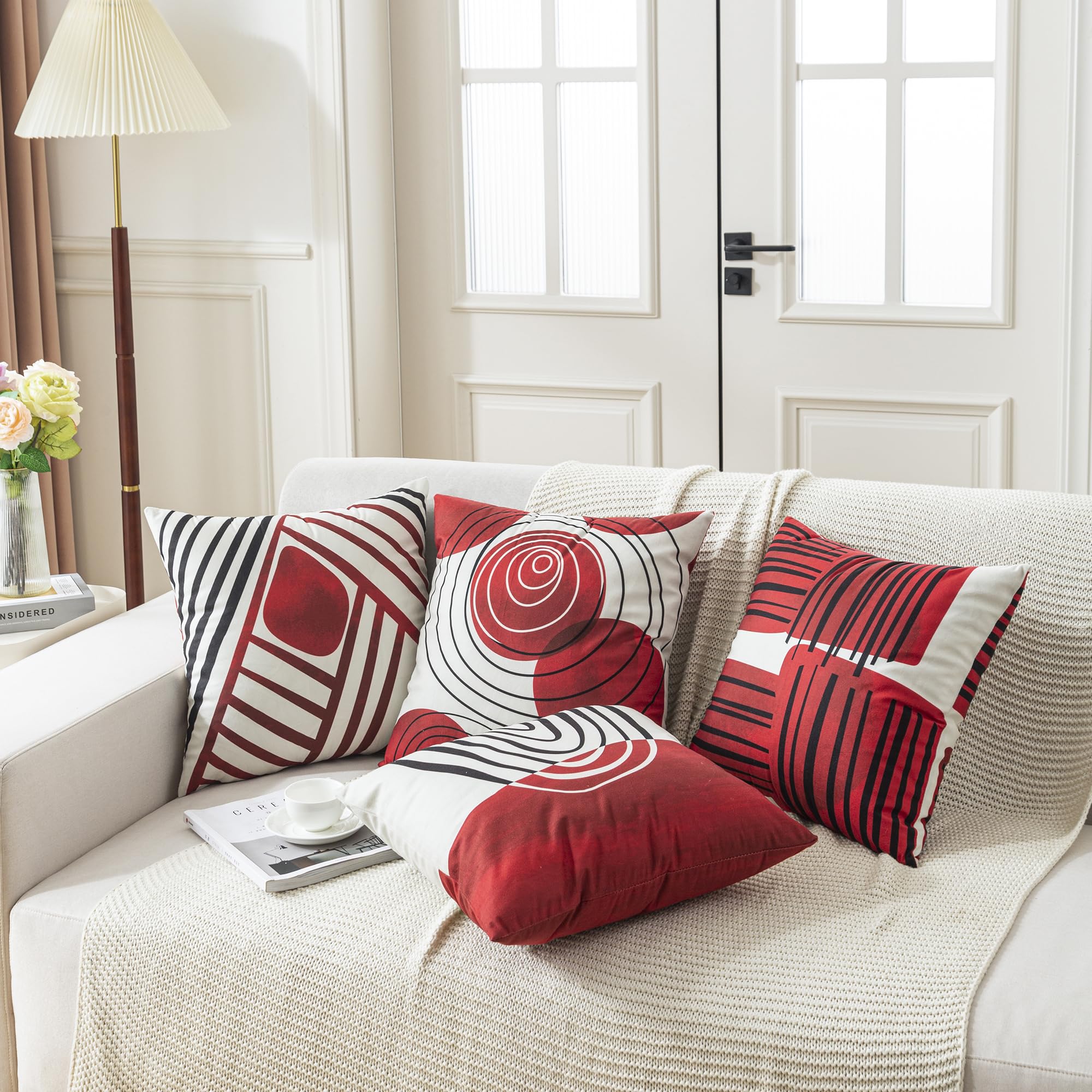 TOMMO Set of 4 Cushion Covers 45x45cm Mid Century Bohemian Red Black Abstract Geometric Decorative Pillow Cases Home Decor Standard Square 18x18 Inches - Image 3