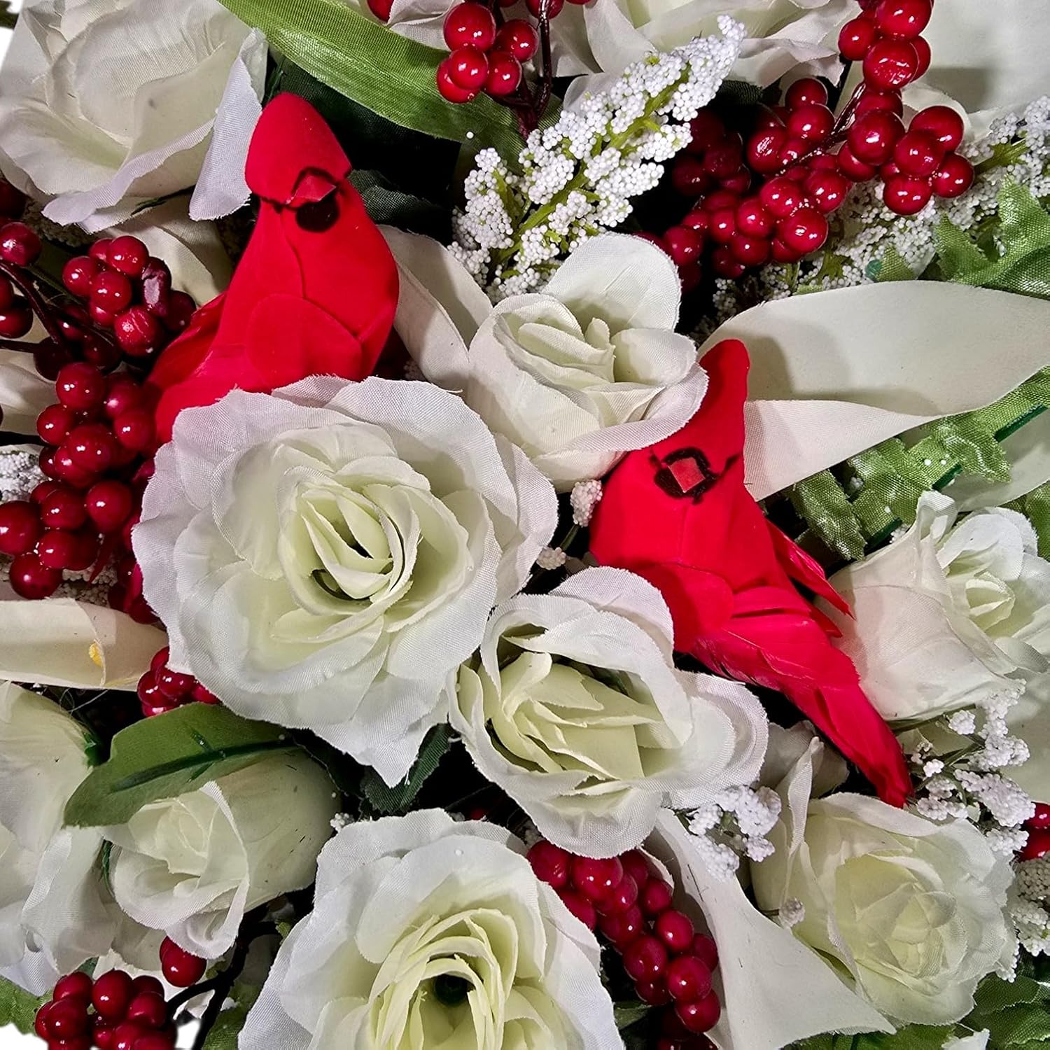 Realistic Artificial Cemetery Flowers - Silk Faux Floral Cream Rose and Calla Lily with Red Bird and Berries - Large Bouquet for Grave - Headstone Decoration - Memorial Flowers