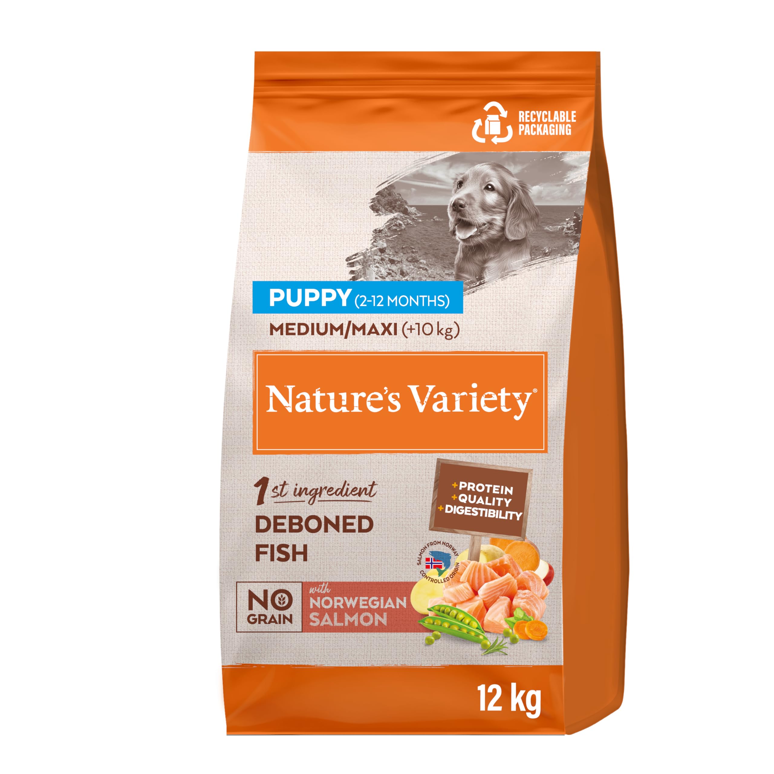 Nature's Variety No Grain - Pienso para Perros Medium & Maxi Junior con Salmón sin espinas - 12kg