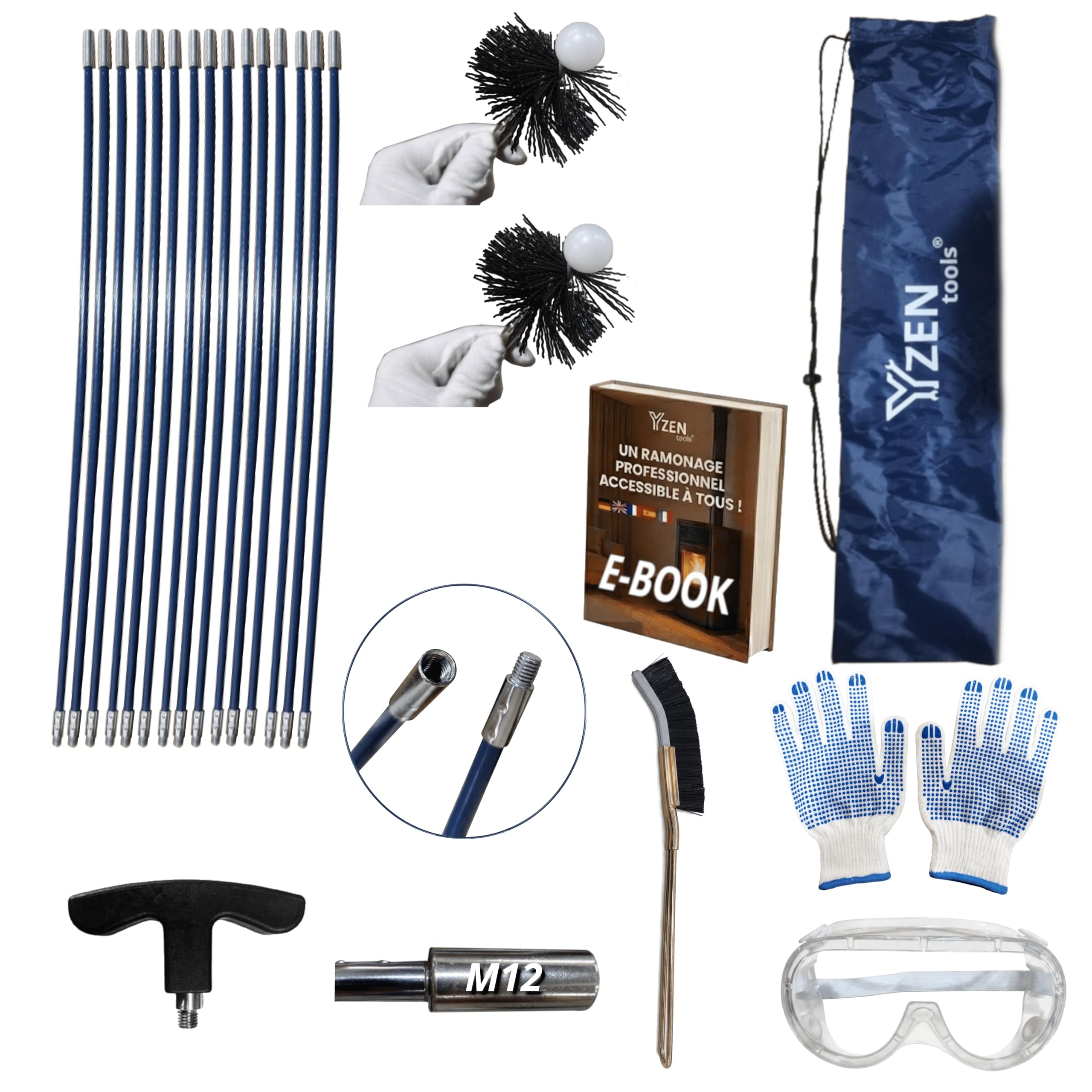 Kit de ramonage poêle à granulés pellets 9m – hérisson 80 mm 100 mm PROKIT Complet + Ebook Inclus, 15 Cannes Flexibles (0,6 m), Adaptateur M12, Gants antidérapants, Lunettes, Sac Transport, Brosse