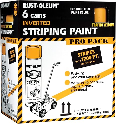 Rust-Oleum P2548849-6PK Pintura en aerosol profesional para pintar rayas invertidas, 18 onzas, amarillo de tráfico, paquete de 6 unidades