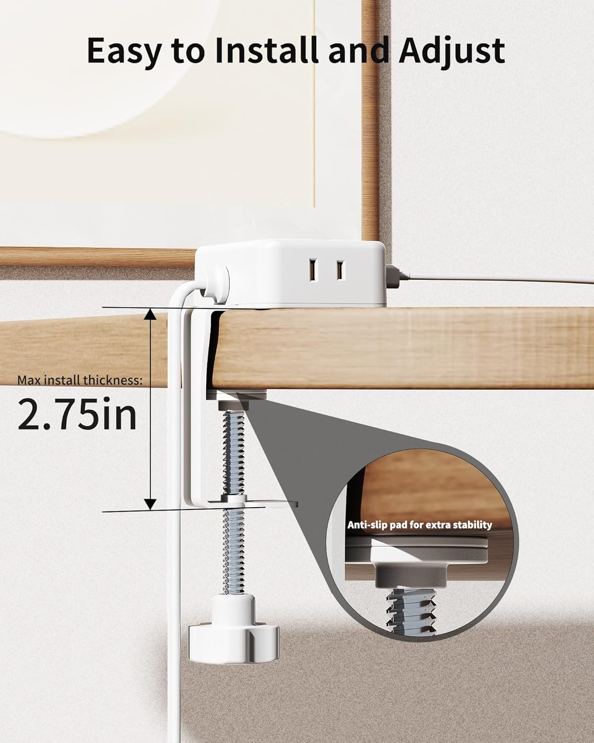 HOPOW Desk Clamp Power Strip, Desktop Mount Charging Station with 4 Outlets 4 USB Ports (2 USB C), 10Ft Under Desk Power Strip, Fits 2.75" Tabletop Edge, Extension Cord for Home Office, White