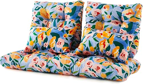 Miniatura 8 de ARTPLAN Cojines de exterior para sofá de dos plazas de mimbre con lazo, cojines de patio copetudos, 2 en forma de U, juego de 5 piezas, 44 x 19