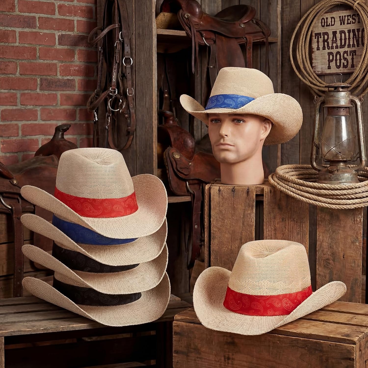 Geyoga 6 Piece Paisley Straw Cowboy Hat Western Hat Unisex for Men Women Summer Party Accessory Costume