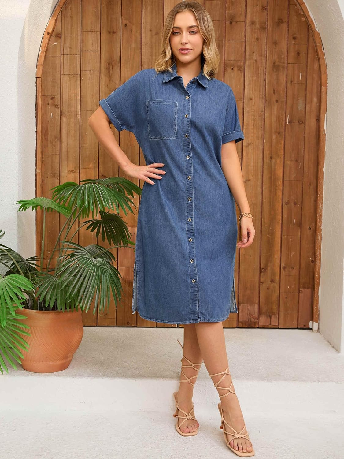 Women's Midi Denim Dress Summer Short Sleeve Button Down Casual Loose Long Tunic Jean Shirt Dress - Image 2