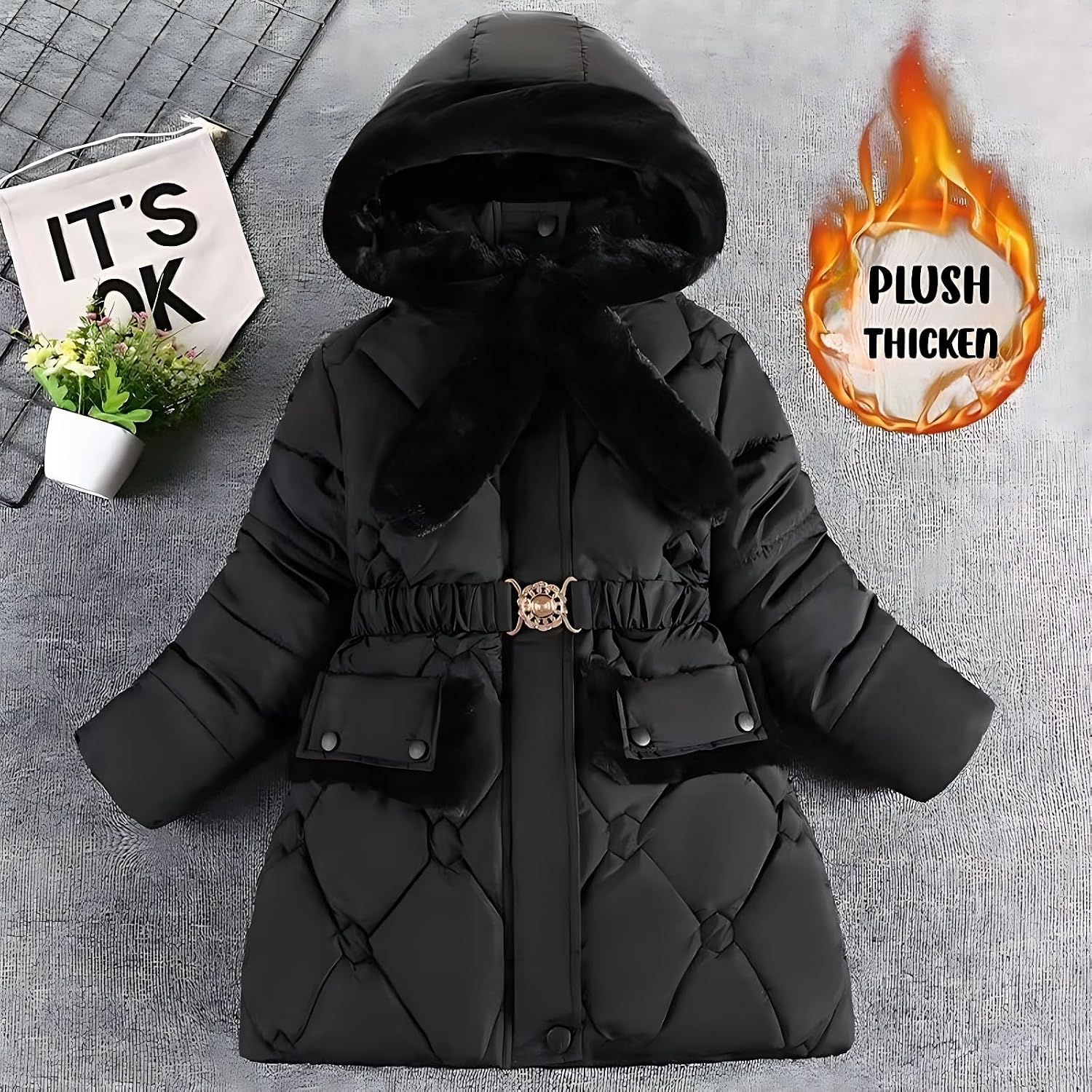 Girls Winter Coats Detachable Hood Coldproof Warm Faux Down Cotton Jacket Kids Down Alternative Outerwear