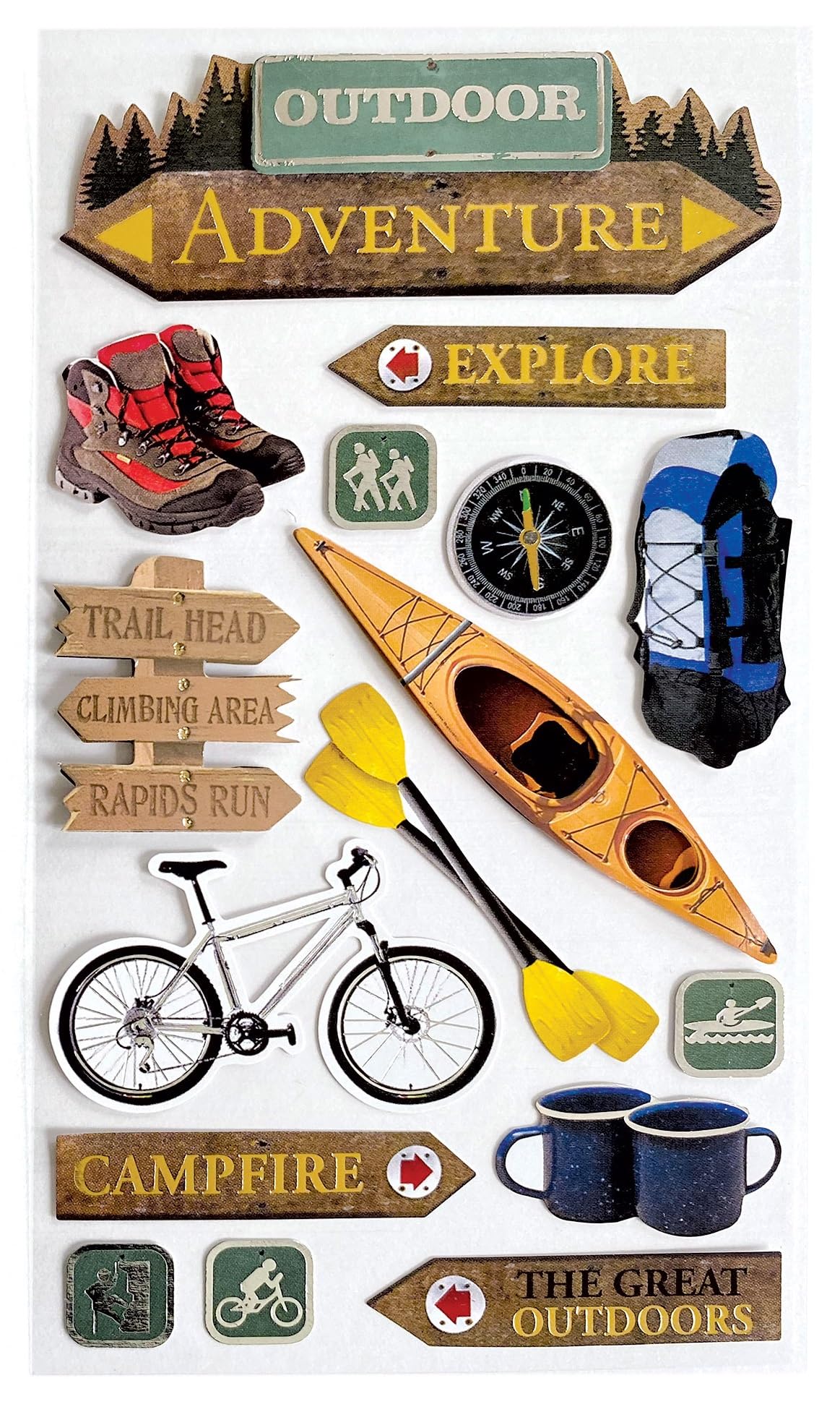 Paper House Productions Die-Cut Dimensional & Foil Accent Scrapbook Sticker Sheet - Outdoor Adventure