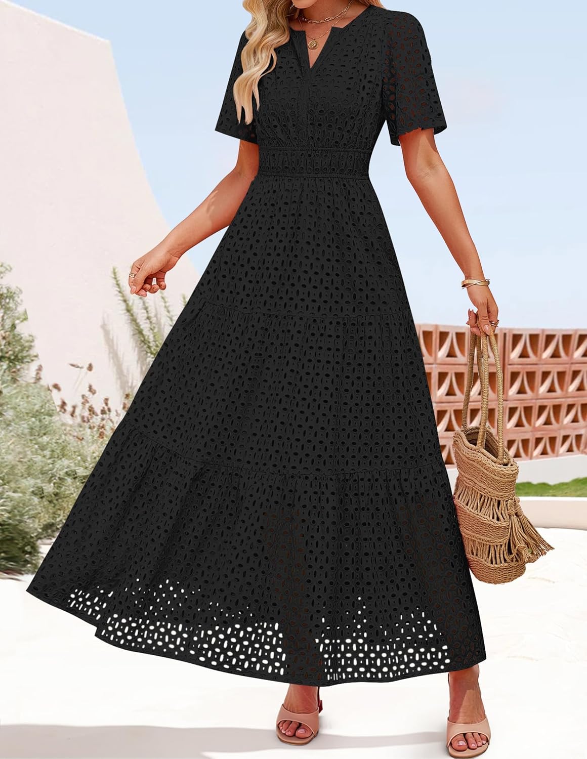 ZESICA Women's 2026 Summer Short Sleeve Maxi Dress Casual V Neck Hollow Out Eyelet Ruffle Swing A Line Long Dresses - Image 9