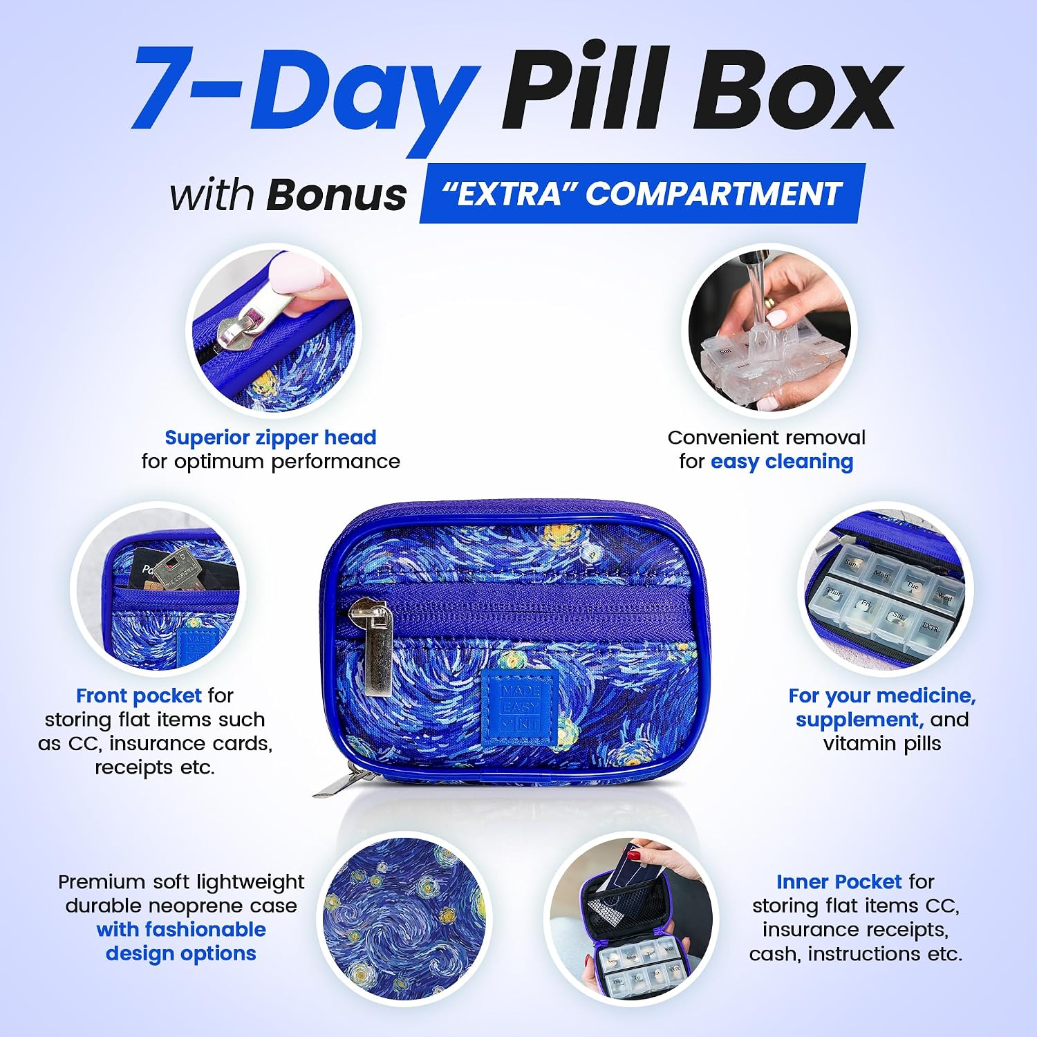 Made Easy Kit Pill Case - Weekly Medicine Organizer with Removable Seven-Day Vitamin & Supplement Box - Premium Neoprene for Travel Purse Accessory (Blue Starry Night) image 4