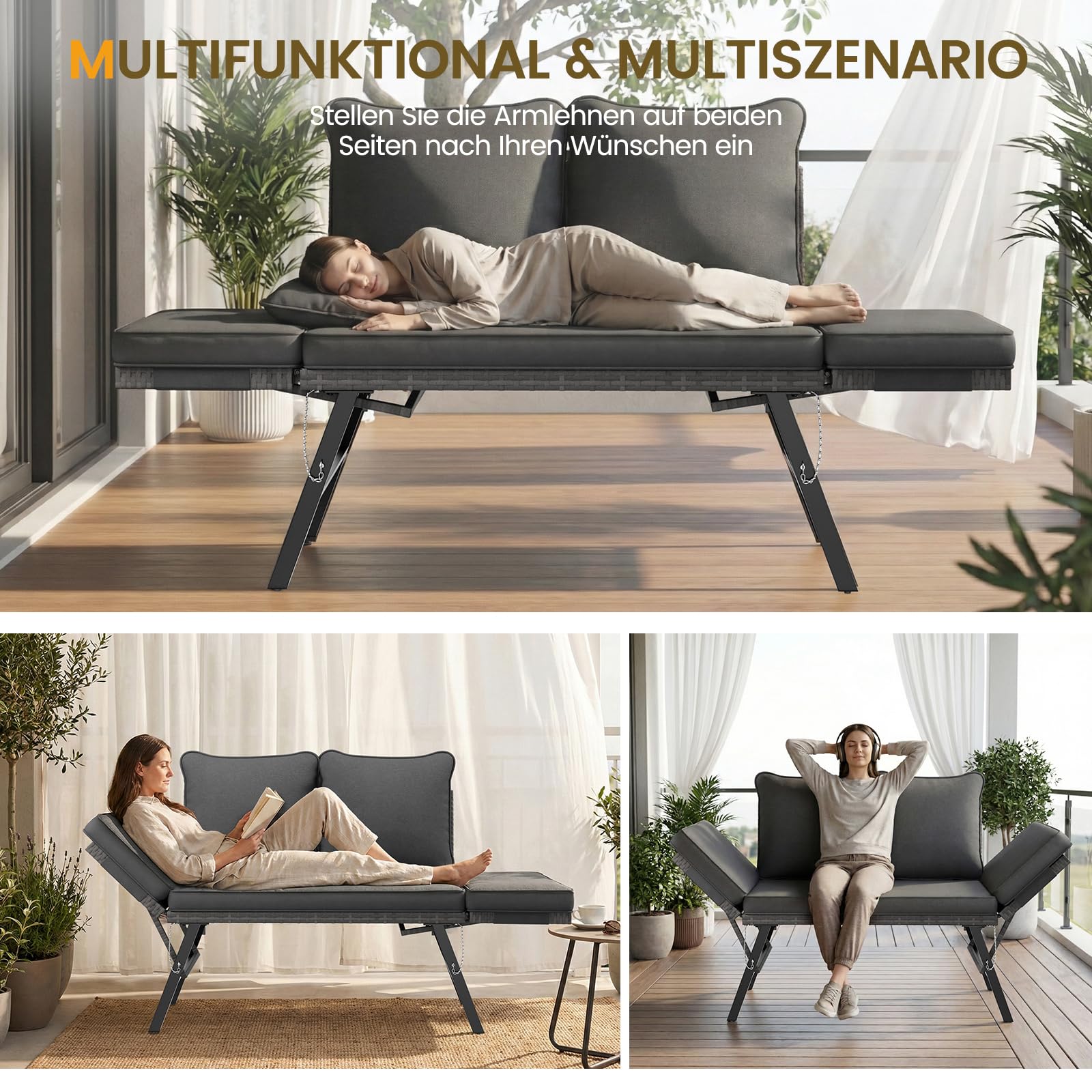 UDPATIO Polyrattan Gartenbank Wetterfest mit Liegefunktion Balkonsofa 3 in 1 Verstellfunktion mit Extra Dicke Sitzpolstern & Kissen für Garten, Balkon,Terrasse - Grau-meliert & Grau Bezüge