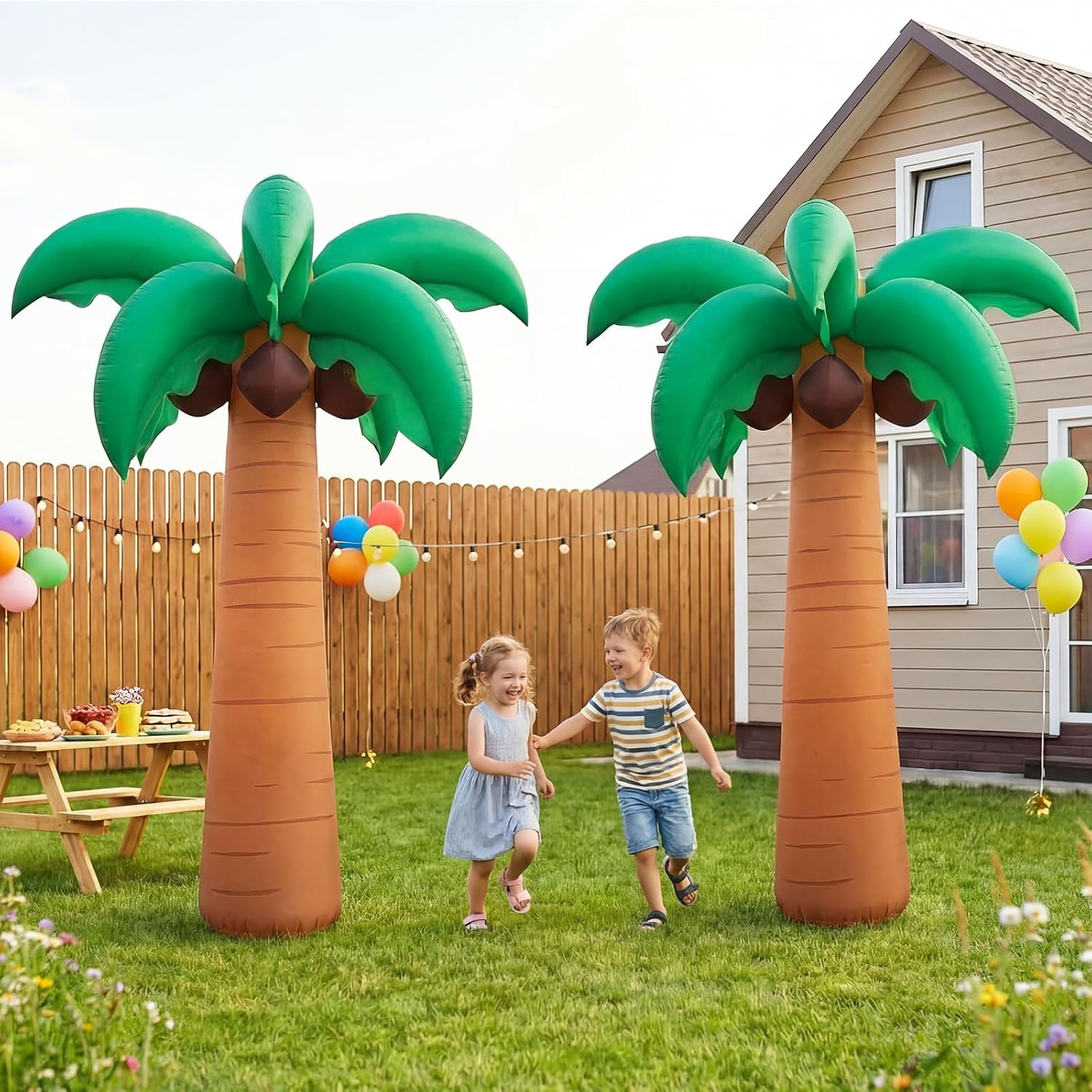 Simgoing 2 Pcs 8 FT Giant Inflatable Palm Trees with Coconut Decoration Jumbo Blow Up Palm Tree with Built-in LED for Summer Hawaii Luau Party Beach Poolside Outdoor Indoor Decor