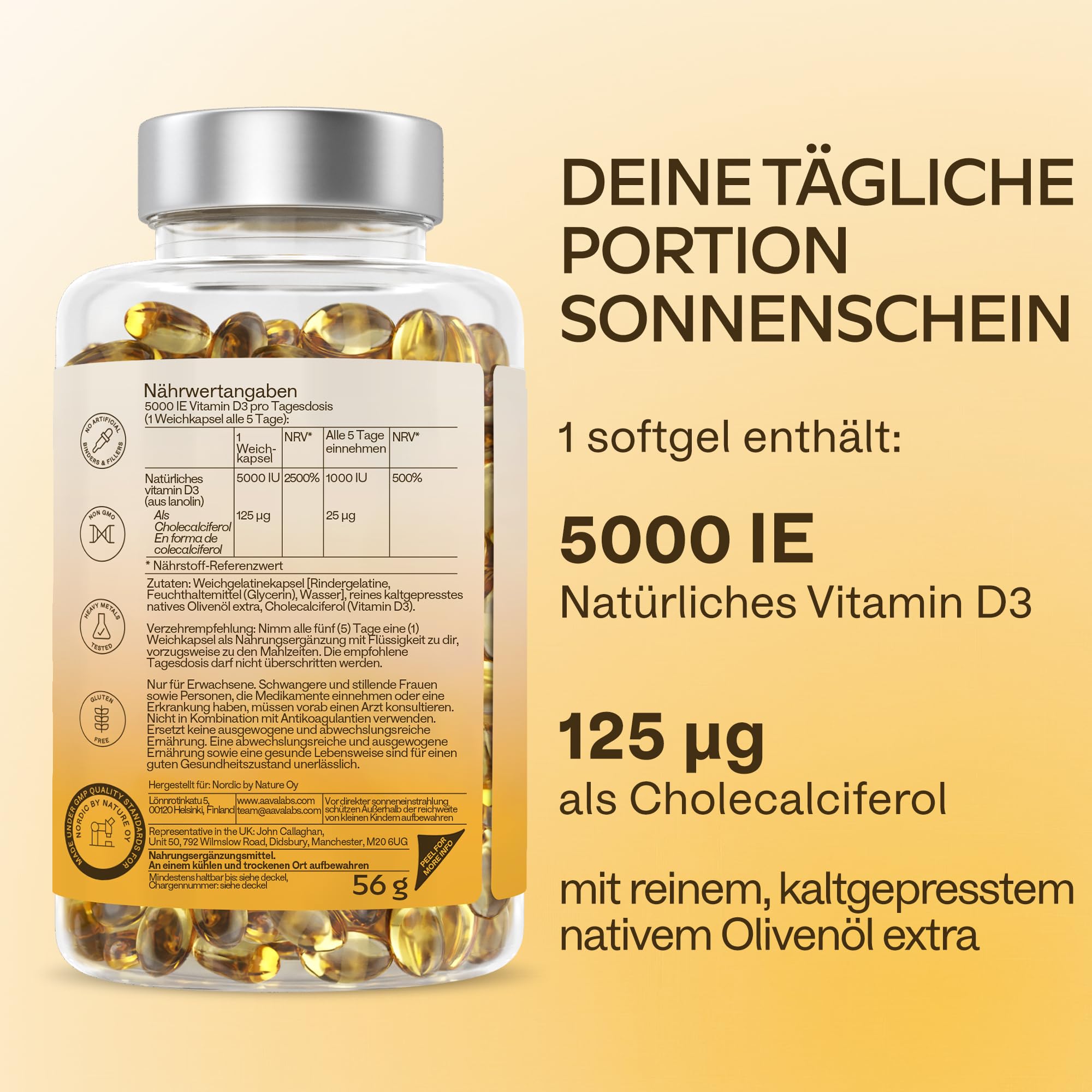 Vitamin D3 Hochdosiert Depot 5000 IU 365 Kapseln - Vitamin D3 5000 IE mit kaltgepresstem nativem Olivenöl Extra für optimale Absorption - Vitamin D Hochdosiert Ohne Gentechnik, glutenfrei, laktosefrei