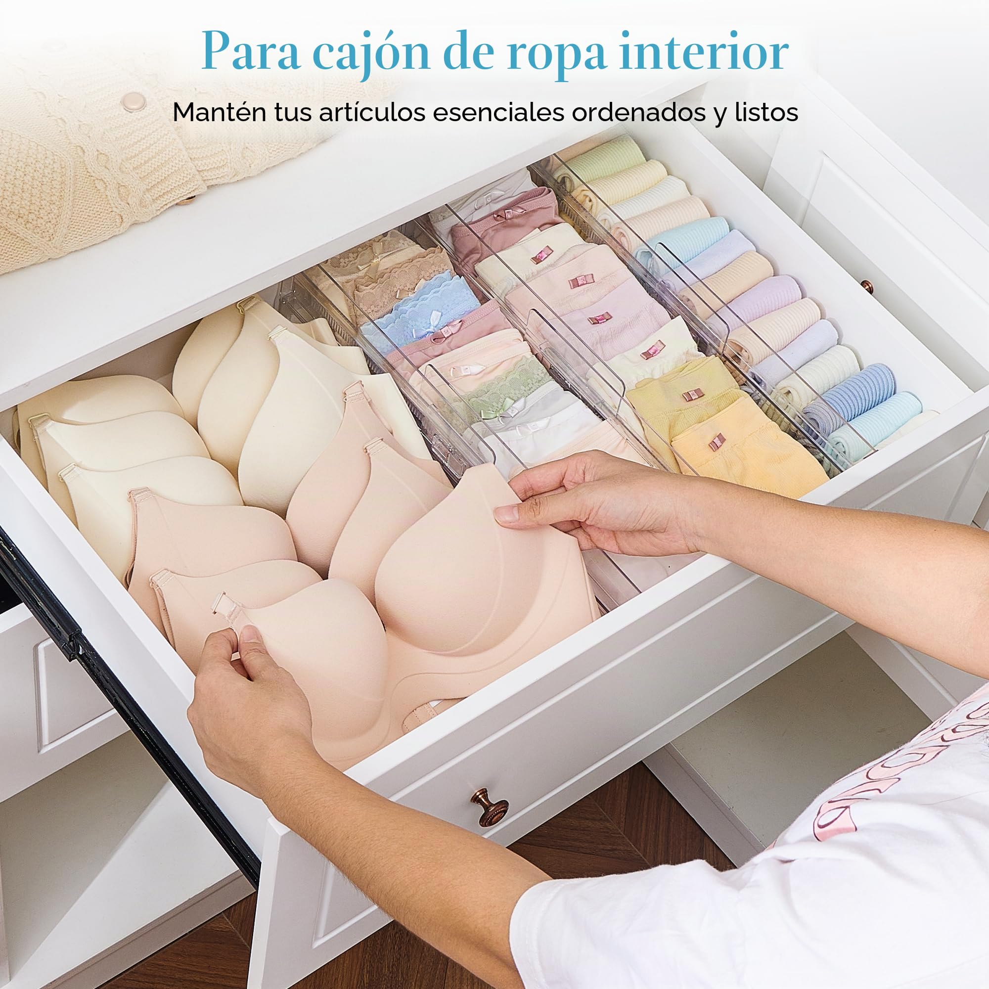 Vtopmart 8 separadores de cajones, separadores de cajones ajustables (26,8 – 43,1 cm), divisores transparentes para cajones, organizador, tocador, cuarto de baño