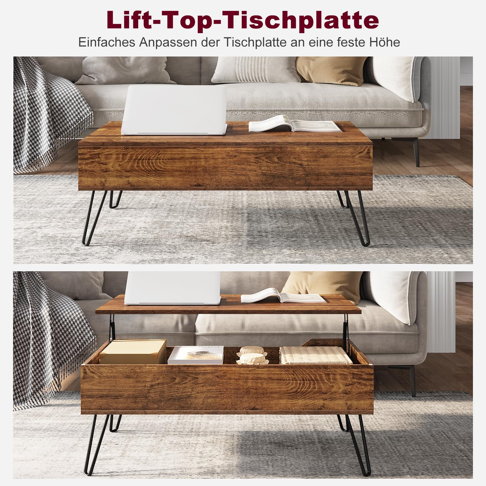 WOLTU Couchtisch Wohnzimmertisch höhenverstellbar ausziehbar, Kaffeetisch mit verstecktem Stauraum, für Wohnzimmer Büro, Metallbeine, 95x(40-55,5) x50 cm, Vintage-Holzoptik Schwarz, BTS18hov