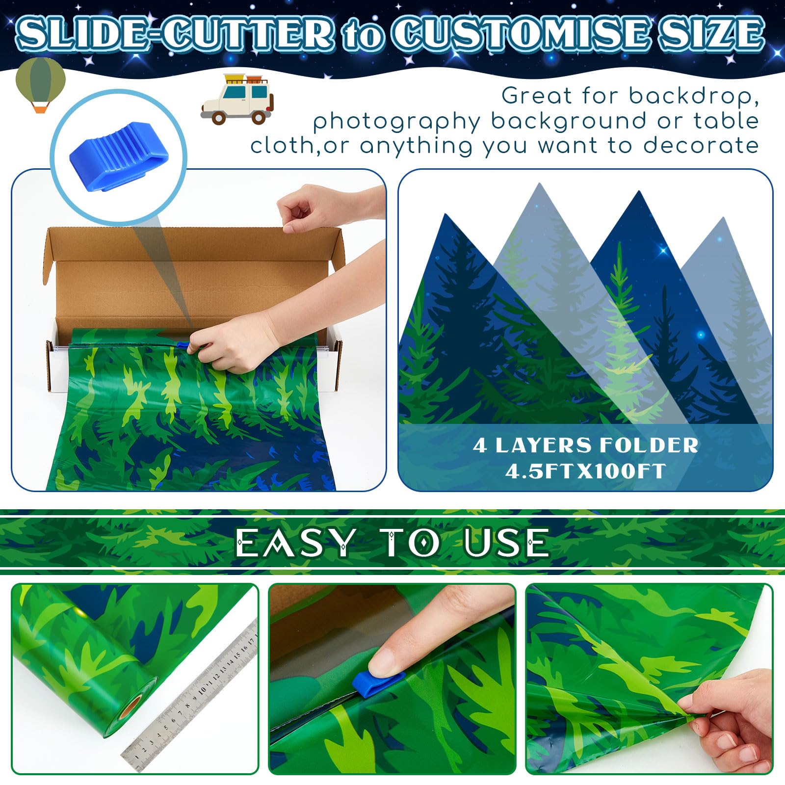 Mepase 4.5' X 100' Forest Scene Camping Backdrop - Photo Background & Party Decor