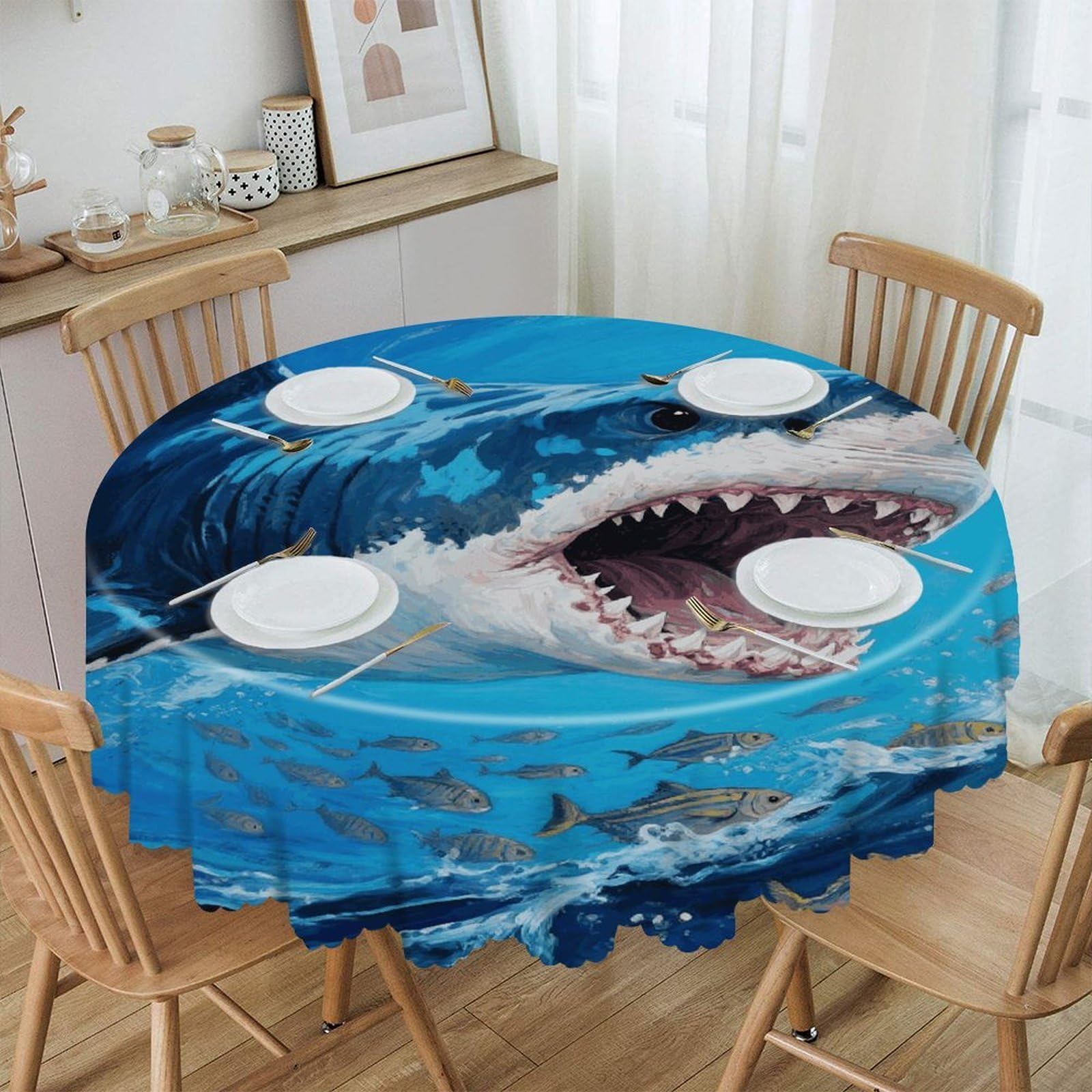 FekiLoot Fiercely Shark Round Tablecloths 60 Inch Resistant Washable Polyester Table Cloth Style Decorative Circle Fabric Table Cover for Dining Kitchen Party Farmhouse Outdoor