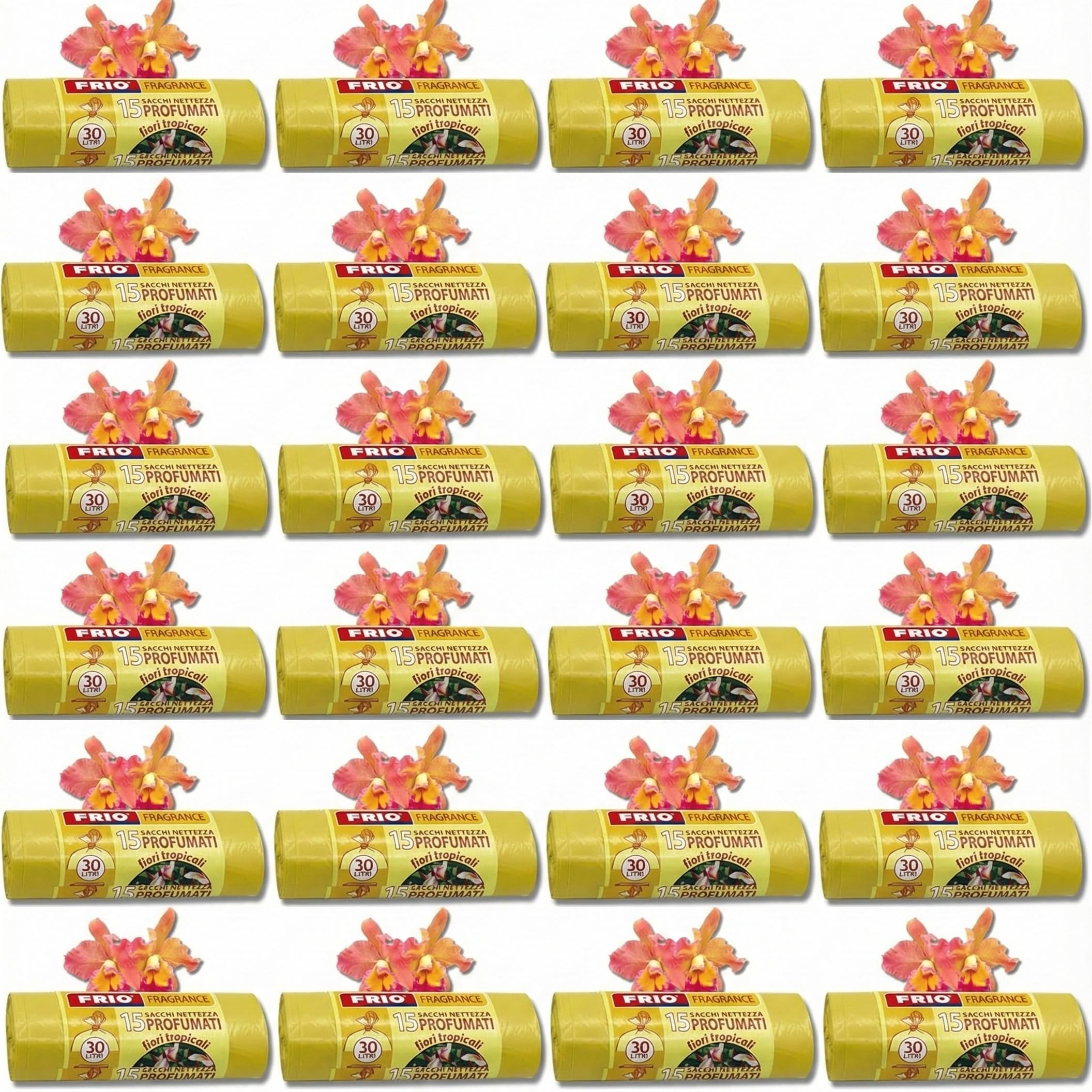 FRIO Aroma – 360 bolsas de basura perfumadas 30 L, 24x15 uds, amarillo | Aroma Flores Tropicales | 52x58 cm | Bolsas resistentes pequeñas para cocina y reciclaje