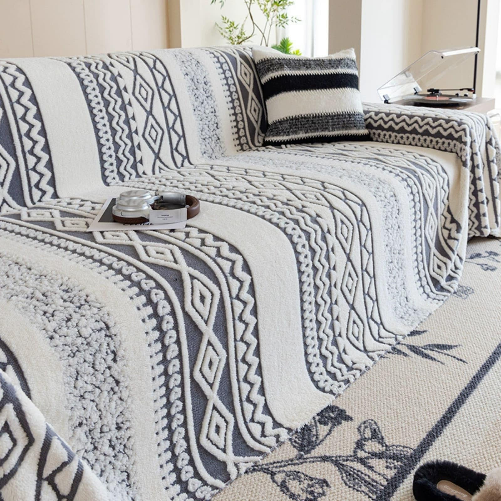 Couverture de canapé gris en peluche douce plaid ethnique 180x340 cm grand format