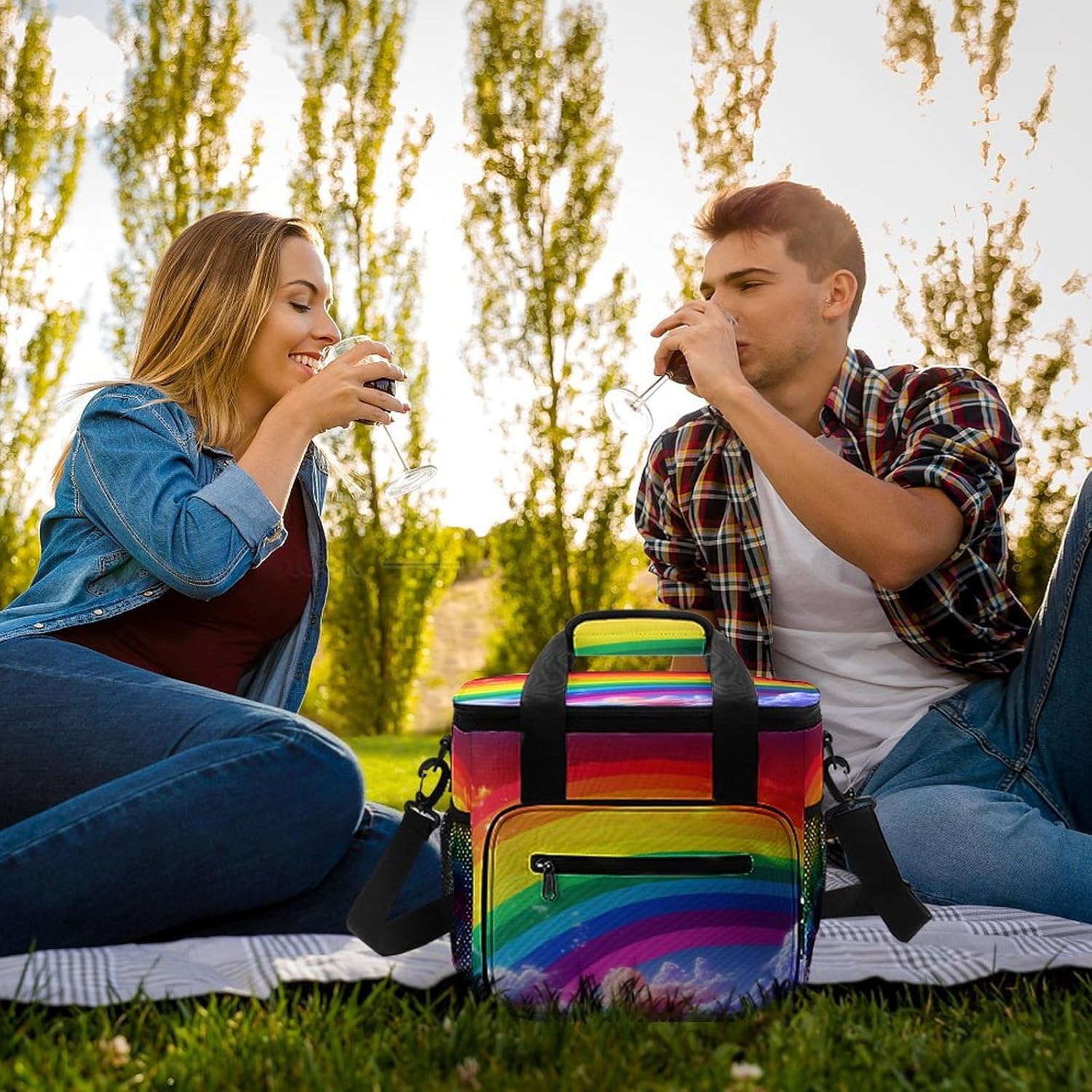 Large-Capacity Oxford Cloth Rainbow Printed Camping Ice Bag, Outdoor Portable Insulation and Cold Storage Bag, Enjoy A Cool Camping Time