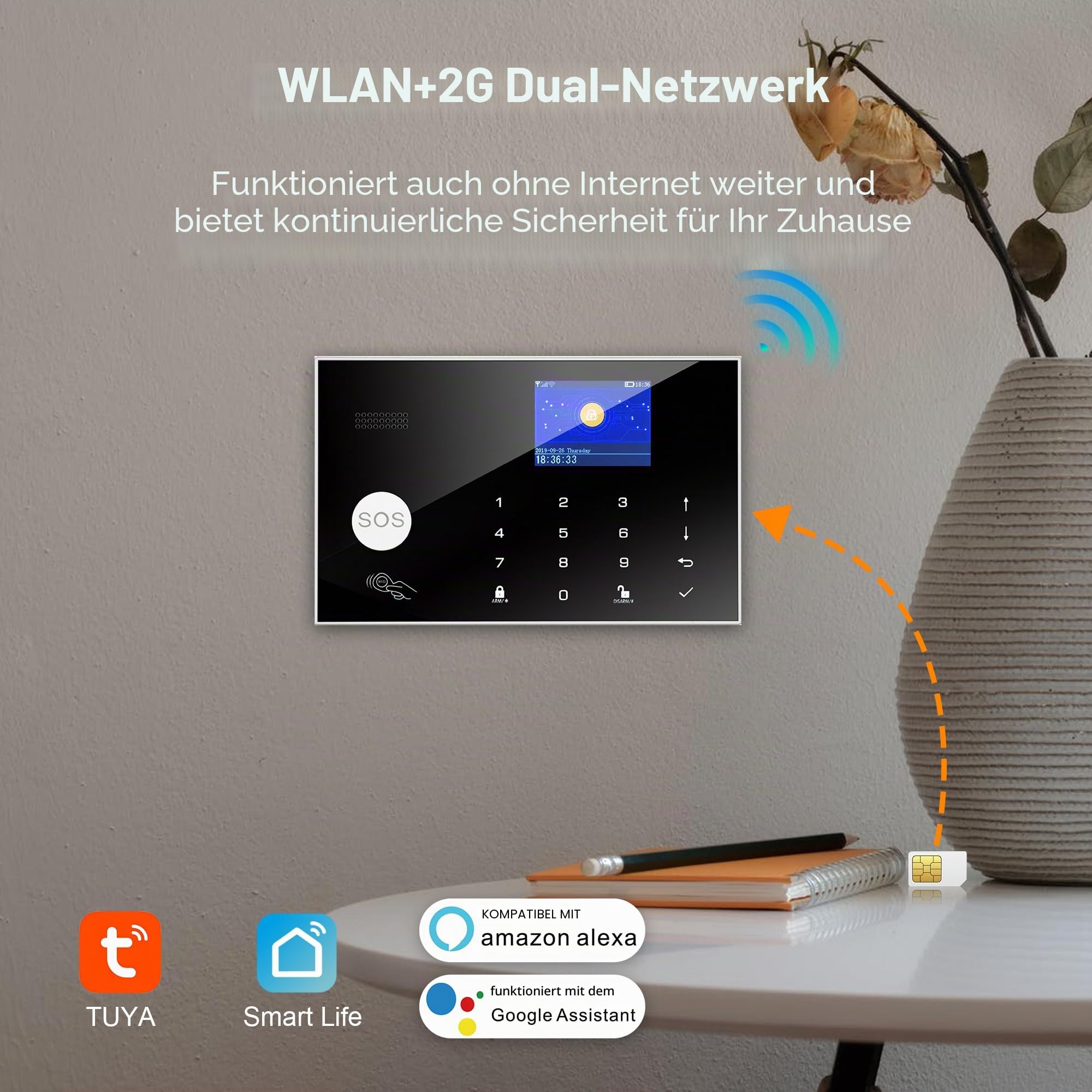 Alarmanlage Haus mit Kamera, WiFi+GSM Alarmanlage mit Telefon-APP-Alarm, Tür-/Fenstersensor, Fernbedienung für Haus, Wohnung (13 Stück)
