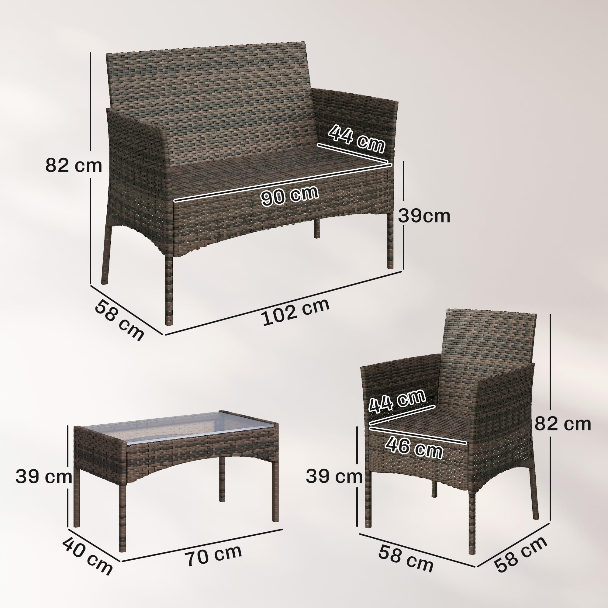 Outsunny Salon de Jardin extérieur 4 Personnes, Salon de Balcon en résine tressée avec canapés et Table Basse en Verre trempé, Coussins déhoussables Inclus, pour Patio Balcon terrasse, Beige