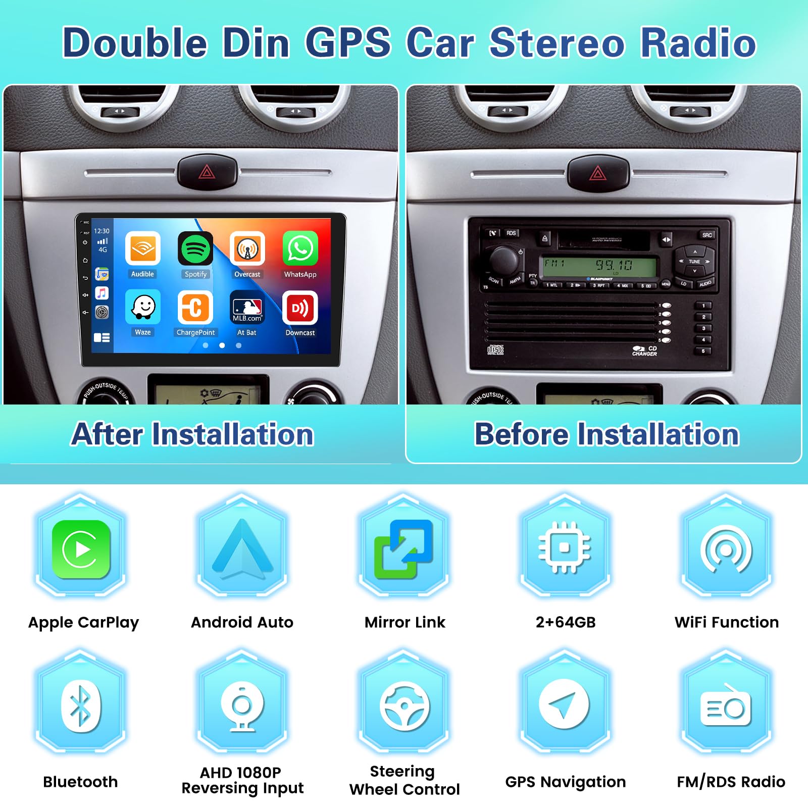 Hodozzy Car Radio, Android Din 2, Bluetooth, 7 inch, 2GB, 64GB, Carplay Wireless, Android Car, Radio