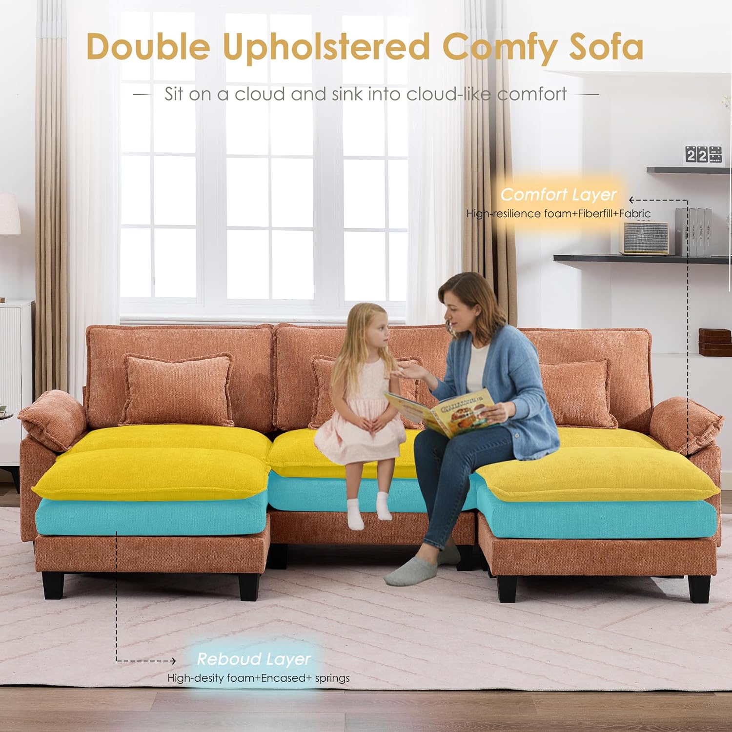 URRED Cloud Couch Modular Sectional Sofa, 122" Modern U Shaped Deep Seat Sofa with 2 Ottomans & Pillows, Ultra Comfy Chenille Couches for Living Room, Bedroom or Apartment, Orange