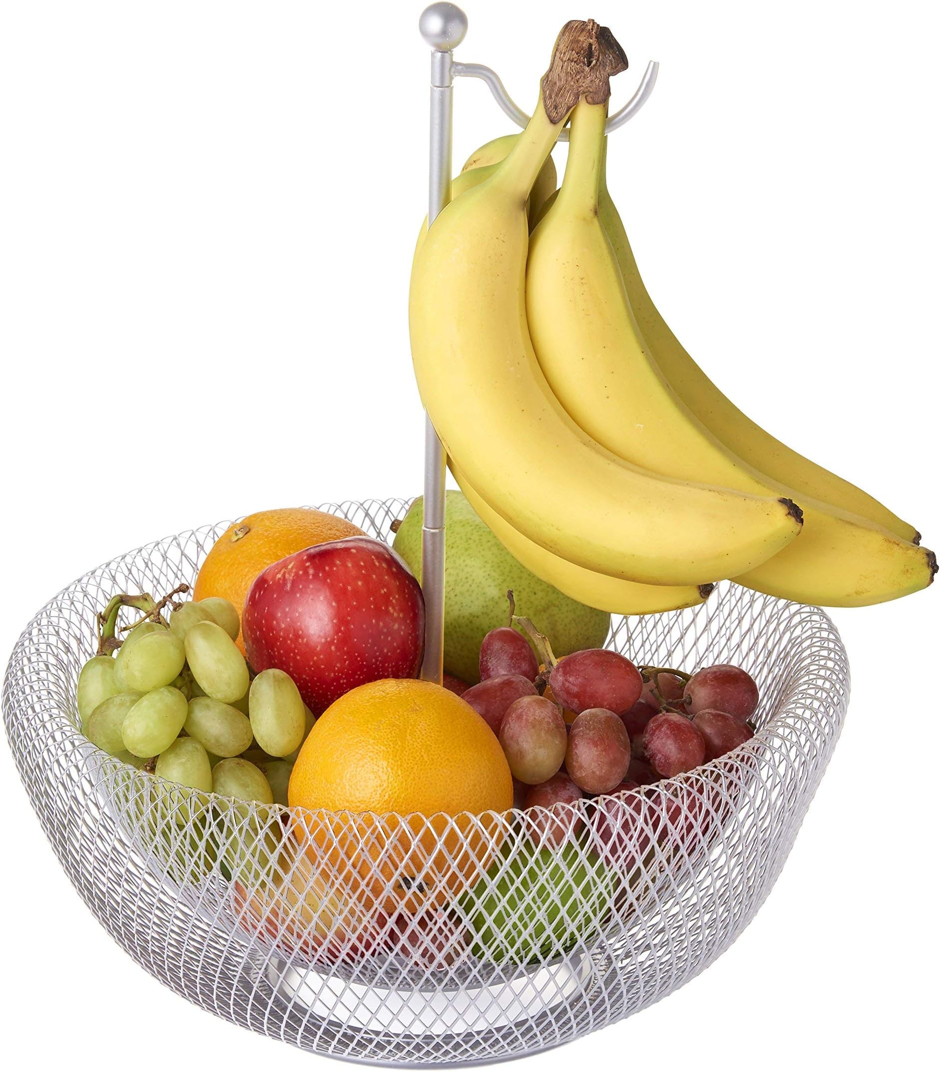 Nifty Banana Hook Mesh Fruit Bowl โ Chrome Powder Coated Design, Double Walled Basket, Modern Kitchen Counter Organizer, Decorative Home Storage Holder