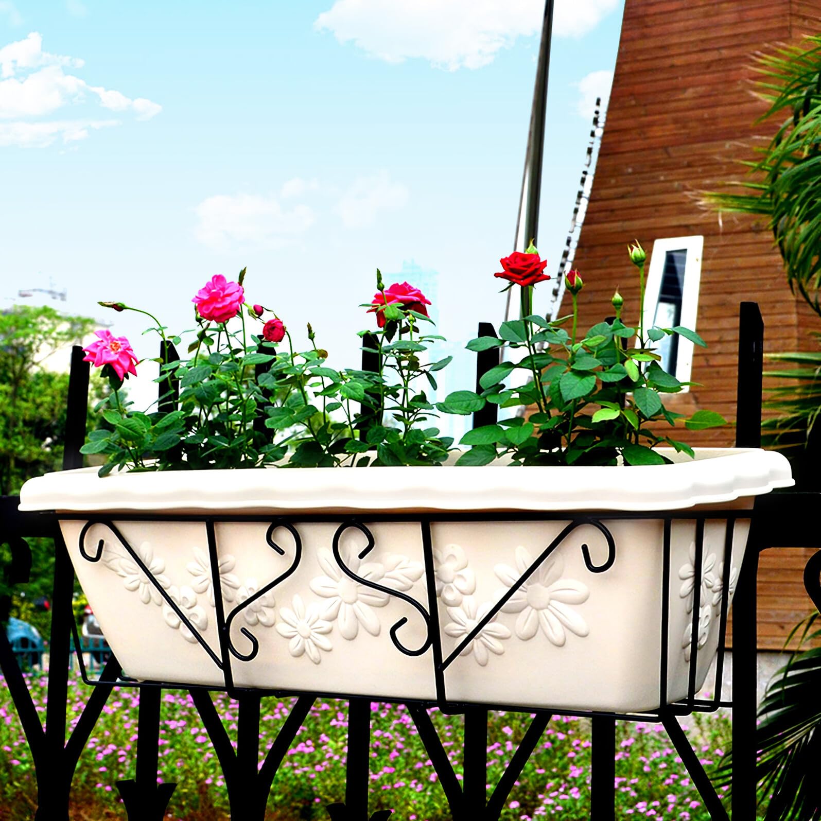 Homoyoyo Supporto per Piante in Ferro da Balcone Sospeso, Portavasi Ringhiera Nero in Metallo Robusto, Supporto Porta Fiori Versatile per Cucina, Giardino e Tavolo
