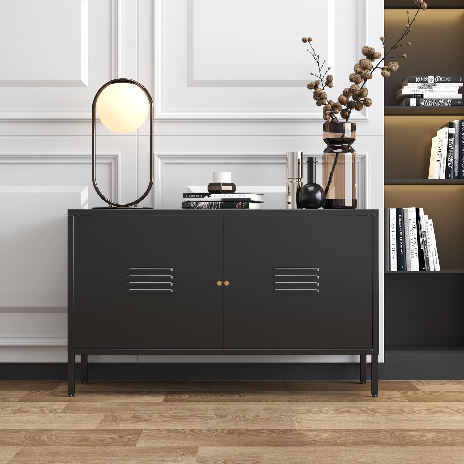 Storage Cabinet with Doors and Shelves -Metal TV Stand - Metal Storage Accent Cabinet for Home, Office, Entryway,LivingRoom. (Black)