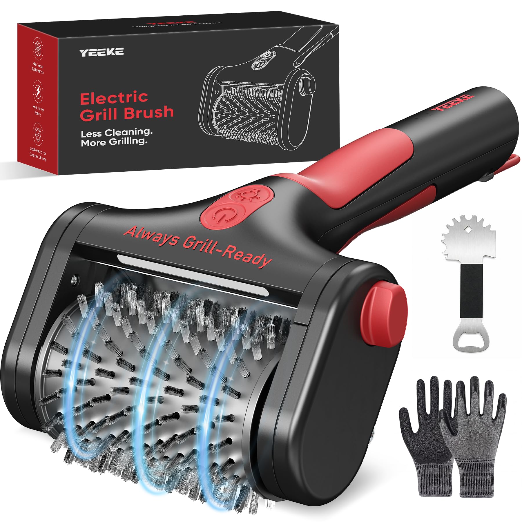 Spazzola elettrica per griglia Yeeke, pulitore elettrico per griglia ricaricabile senza fili a doppia velocità con batteria da 4000 mAh, testina in acciaio inossidabile 304 e luce LED