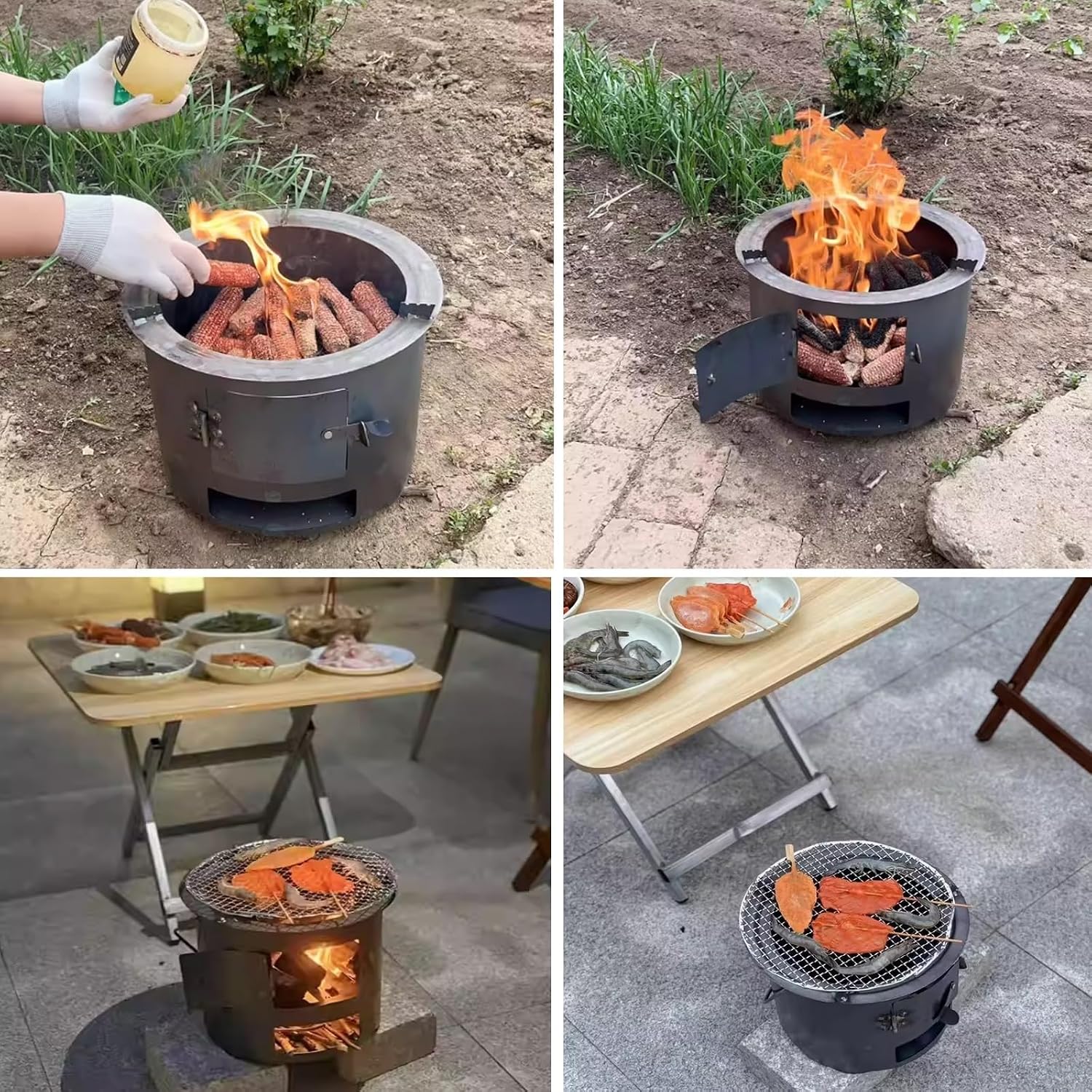 Portable Outdoor Cold-rolled Steel Wood Stove With Removable Grill And Handles. Compact Design Ideal For Camping, Garden, And Country Activities. Multi-fuel Compatible.