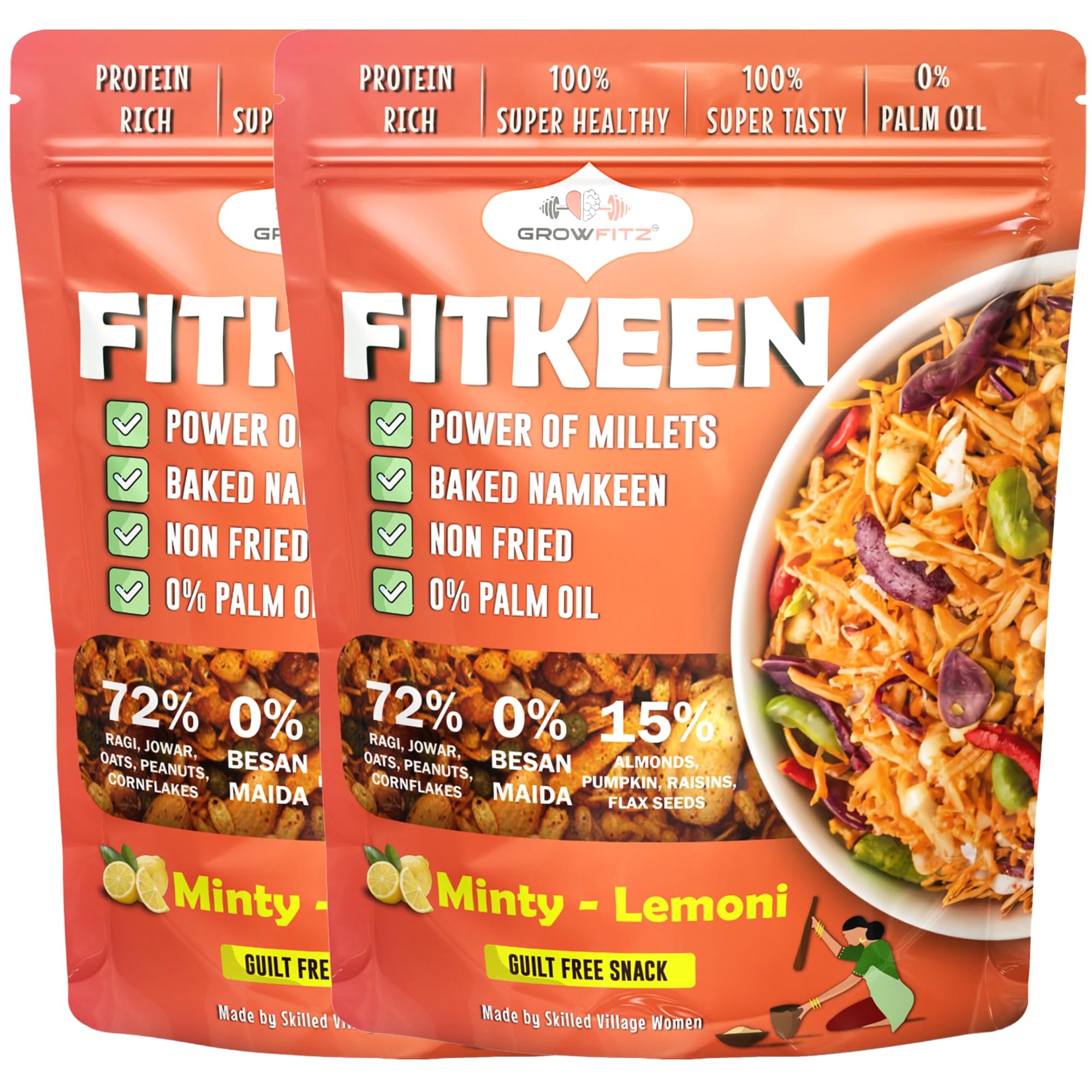 Growfitz Baked Namkeen Mixture 200g | Minty Lamoni Flavor | Power of Millets, Non Fried, 0% Palm Oil | 12.4g Rich Protein | Super Tasty, Healthy & Guilt Free Snacks | 0% Maida & Besan (Pack of 2)